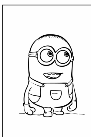 Um desenho em preto e branco de um personagem Minion usando óculos e macacão, olhando para cima com um sorriso, perfeito para colorir. Para colorir.