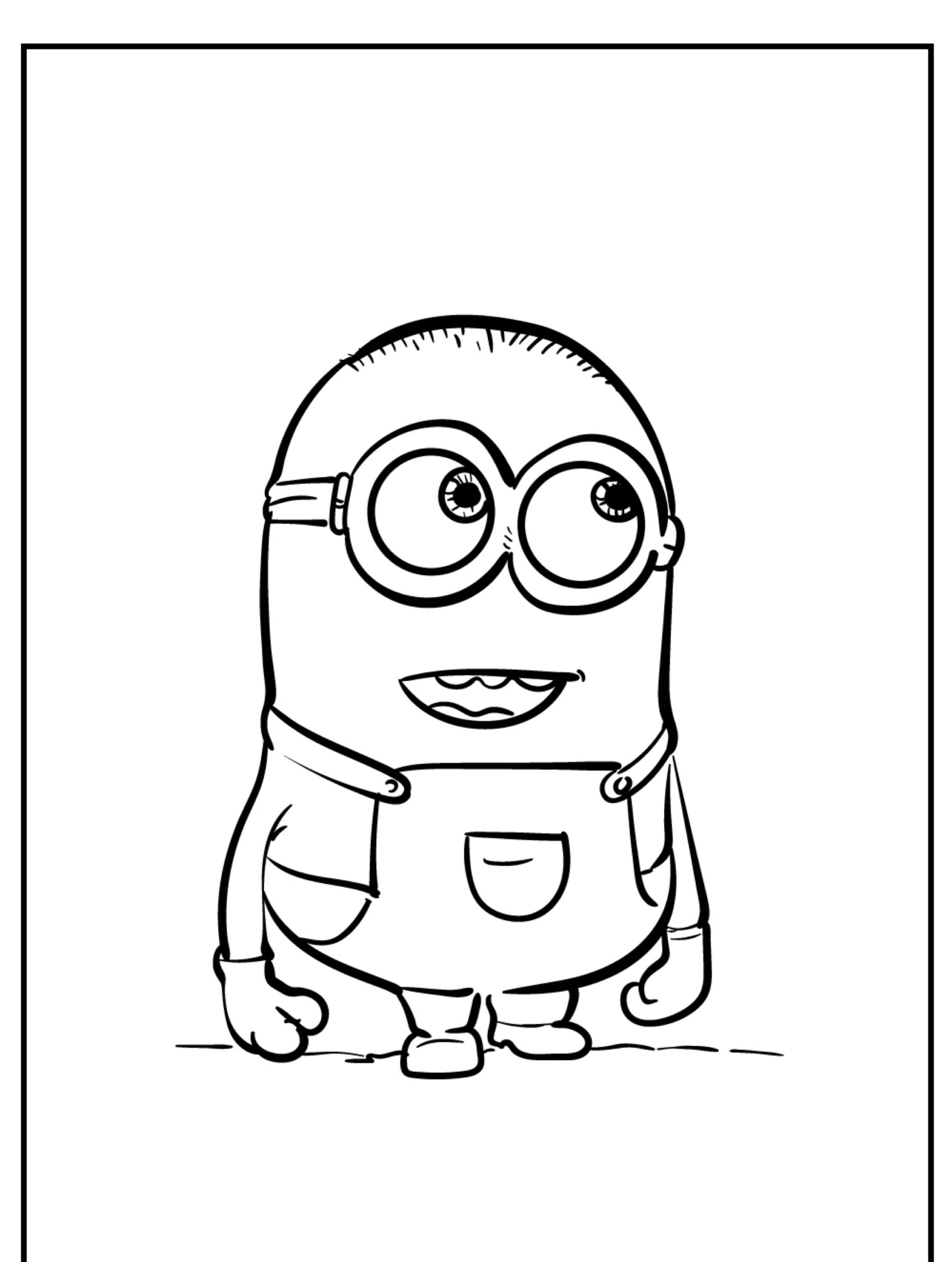 Um desenho em preto e branco de um personagem Minion usando óculos e macacão, olhando para cima com um sorriso, perfeito para colorir. Para colorir.