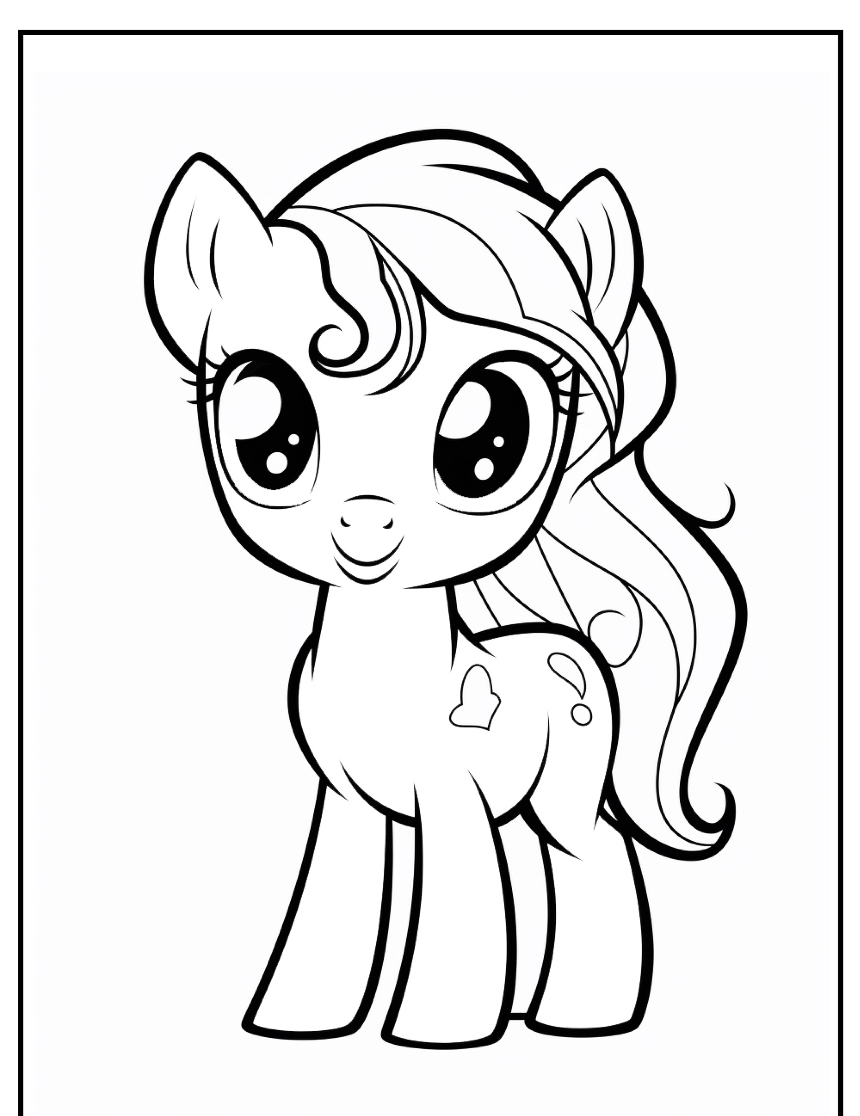 Uma página para colorir apresentando um pônei de desenho animado com olhos grandes e uma crina esvoaçante, sorrindo dentro de uma borda retangular. Esta cena encantadora traz à mente My Little Pony e outros desenhos encantadores.