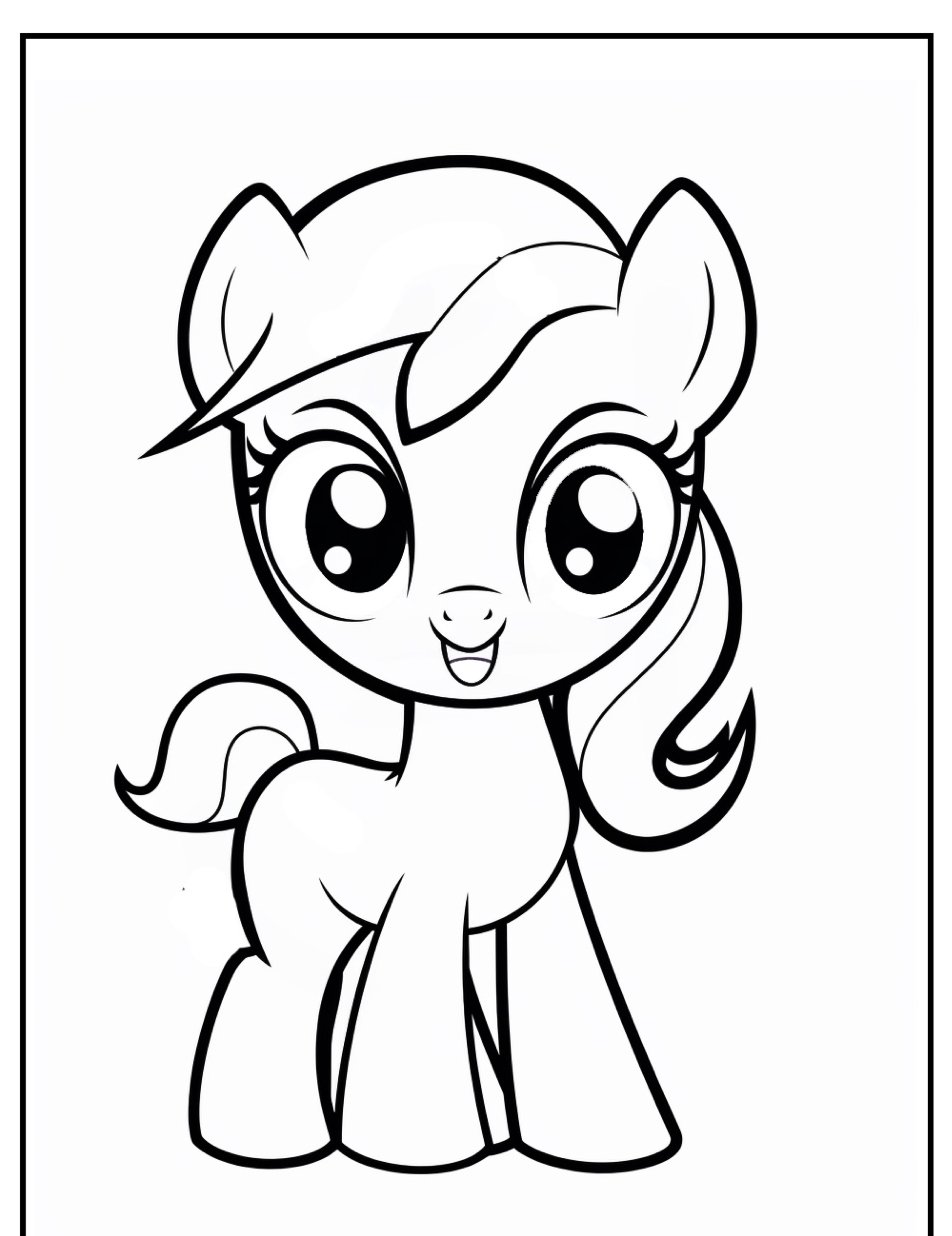 Desenhos para colorir: Uma página para colorir em preto e branco de um pônei fofo e sorridente, com olhos grandes e uma crina esvoaçante que lembra My Little Pony.