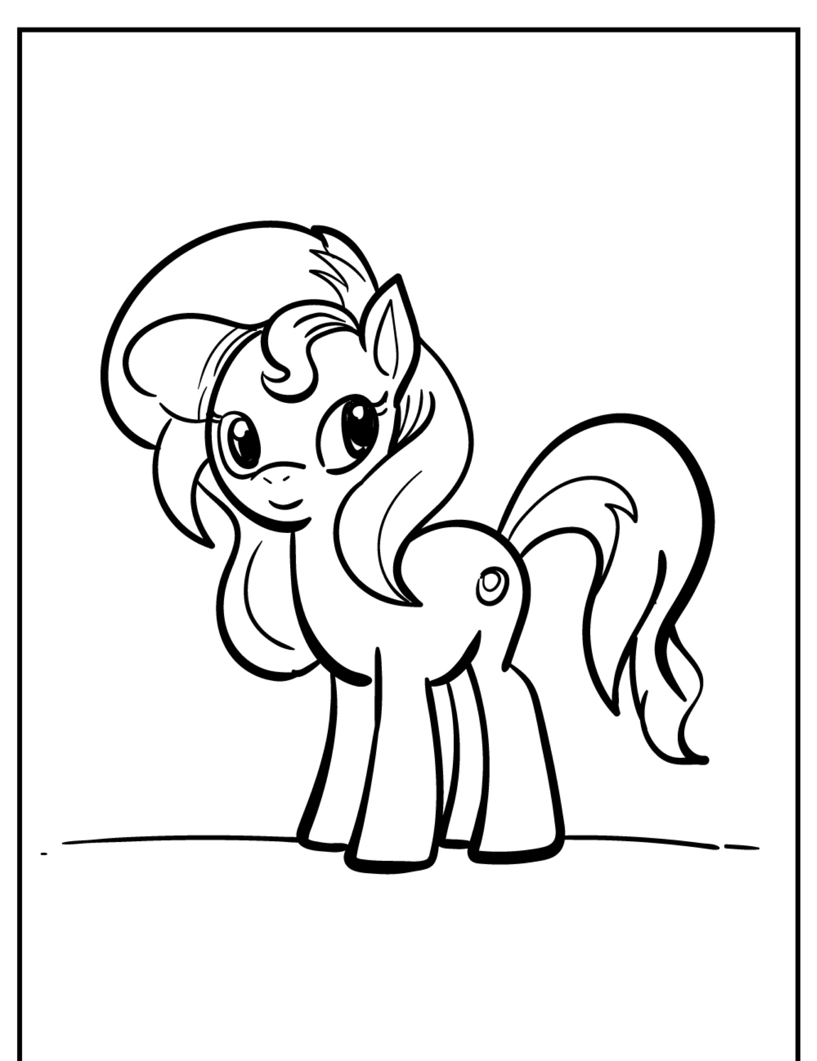 Desenho de um pônei sorridente com cabelos ondulados e um redemoinho no flanco, de perfil, ideal para colorir para fãs de My Little Pony.