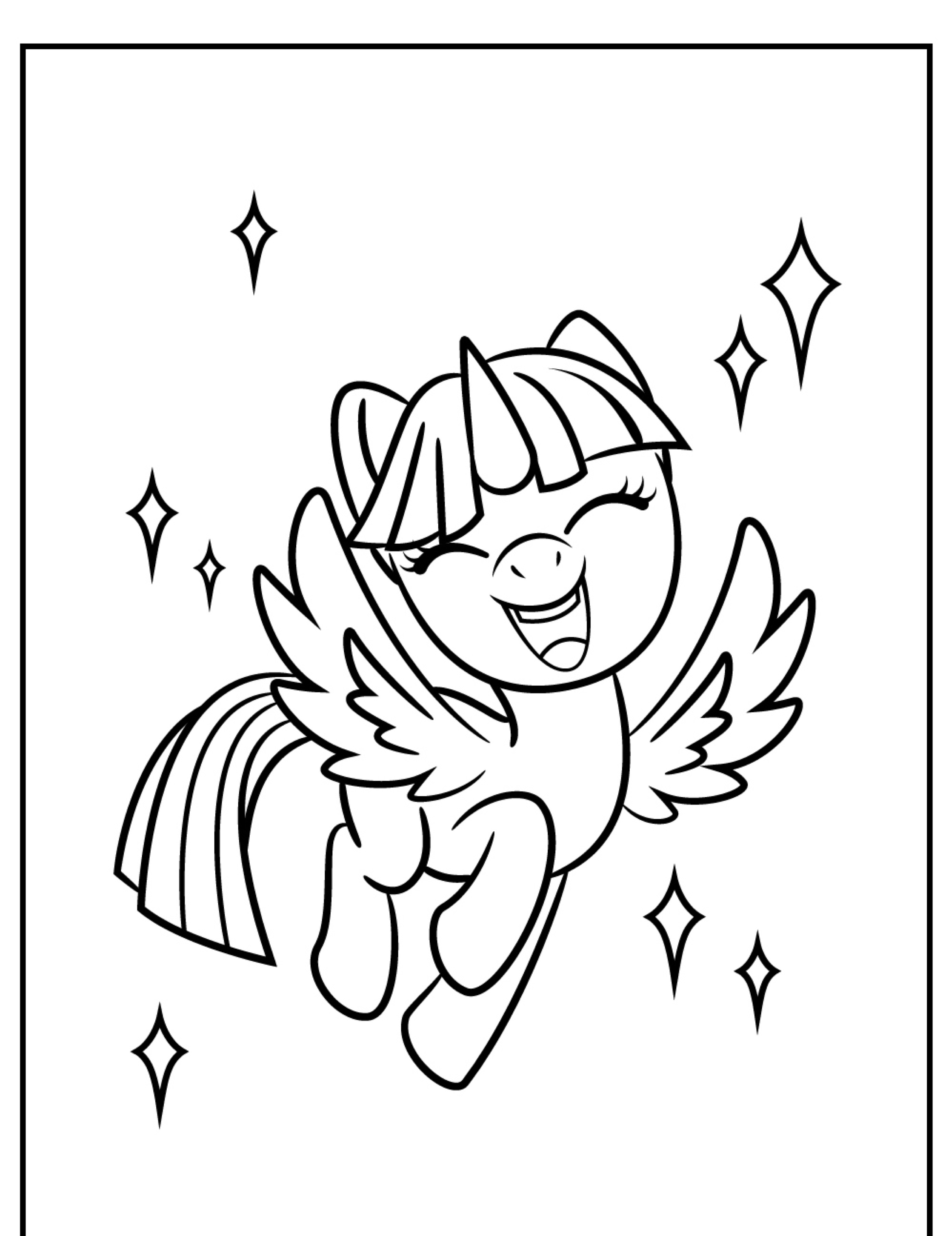 Página para colorir de um pônei alado feliz e sorridente com os olhos fechados, cercado por estrelas brilhantes — perfeito para fãs de My Little Pony. Desenhos para colorir que dão vida à magia!