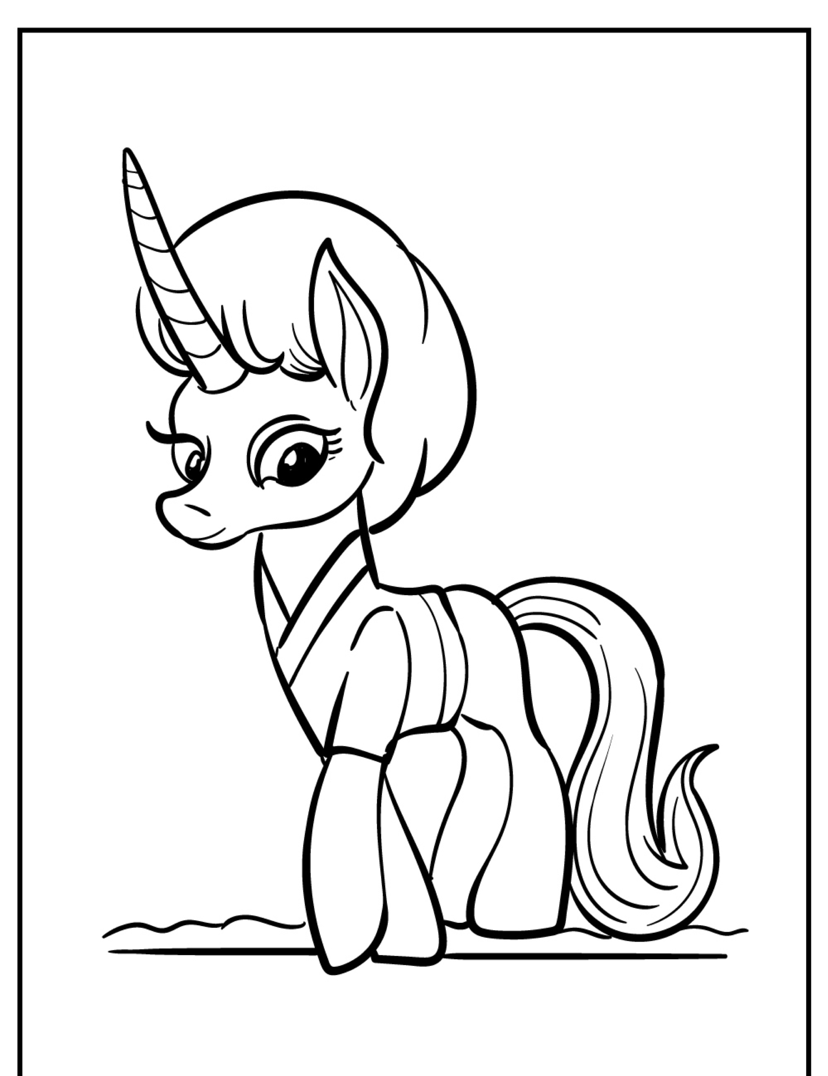 Desenho em preto e branco de um unicórnio fofo com uma crina curta e uma cauda longa, de pé com um leve sorriso. Perfeito para colorir, esta ilustração caprichosa captura o charme que lembra My Little Pony.