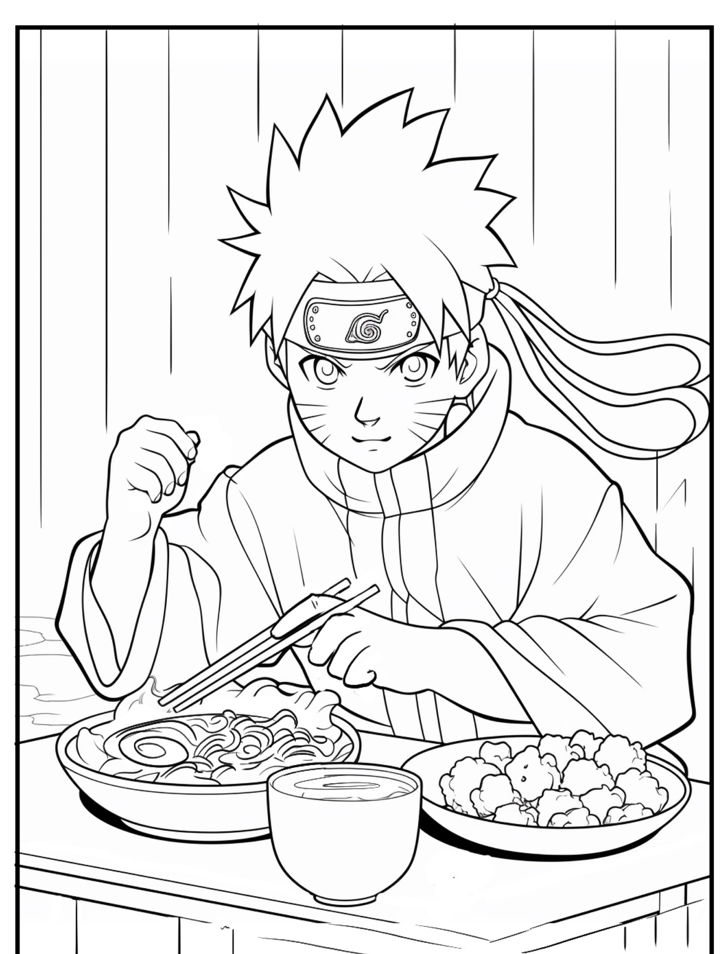 Uma página de Desenho apresentando um personagem de Anime com cabelo espetado e uma faixa na cabeça, que lembra Naruto, aproveitando uma refeição de ramen e comida frita enquanto segura hashis, perfeito para Colorir. Para desenhar.