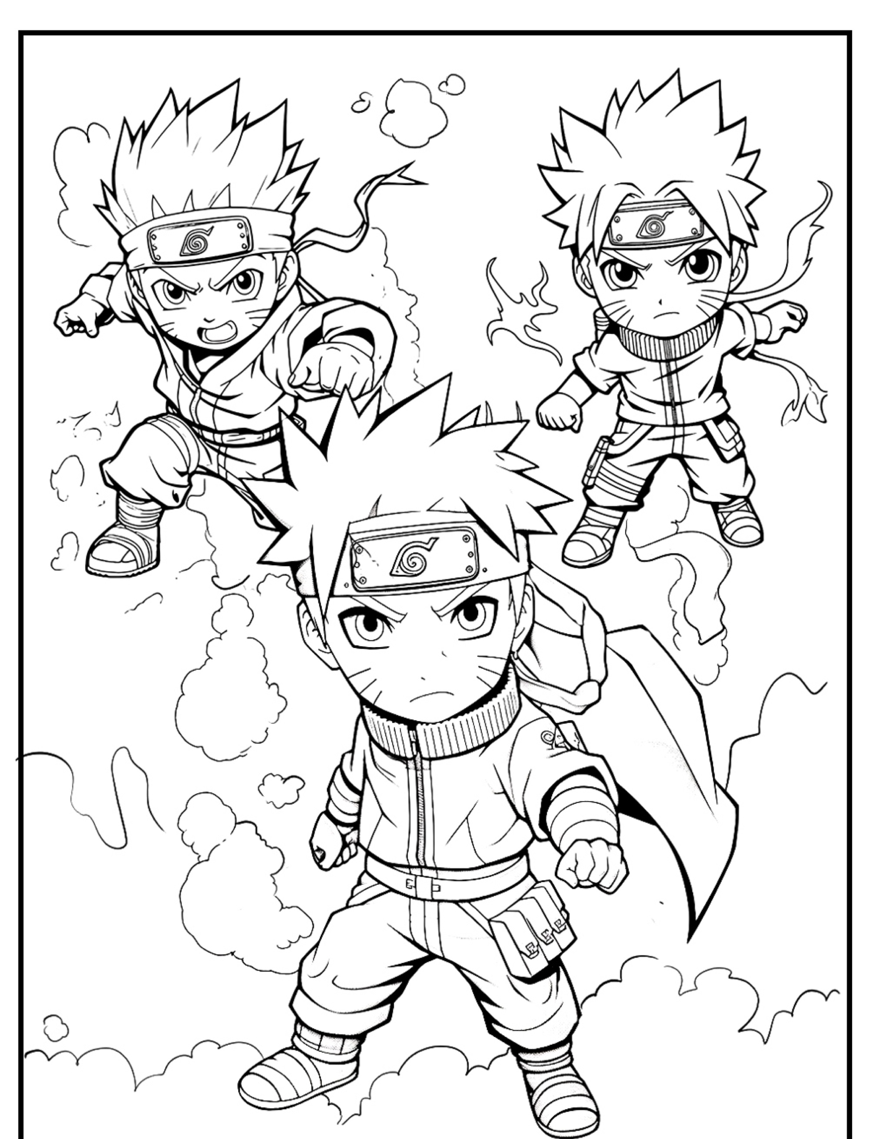 Desenho em preto e branco de três personagens chibi com tiaras e trajes ninja, parecendo determinados com poses de ação — perfeito para colorir. Eles irradiam a energia do mundo de Naruto. Para desenhar.