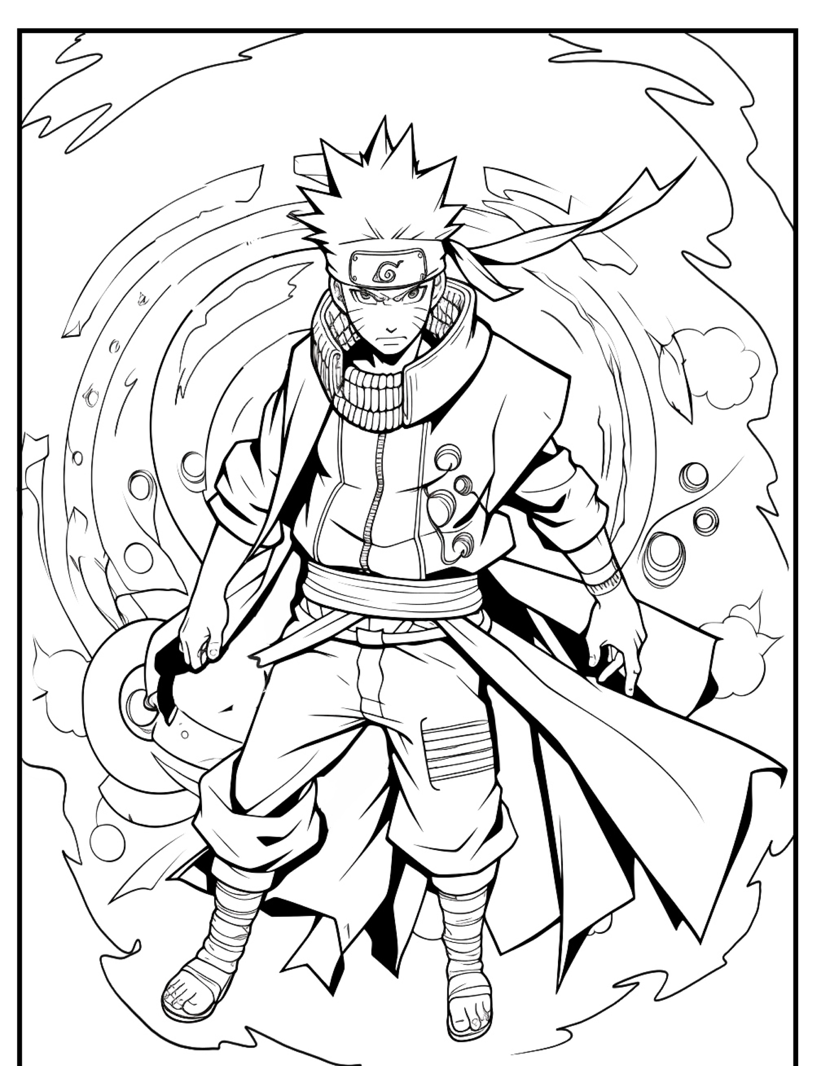 Desenho em preto e branco de um personagem de mangá feroz usando uma faixa na cabeça, segurando uma arma, cercado por redemoinhos de energia. Perfeito para fãs de Naruto colorirem e darem vida. Para desenhar.