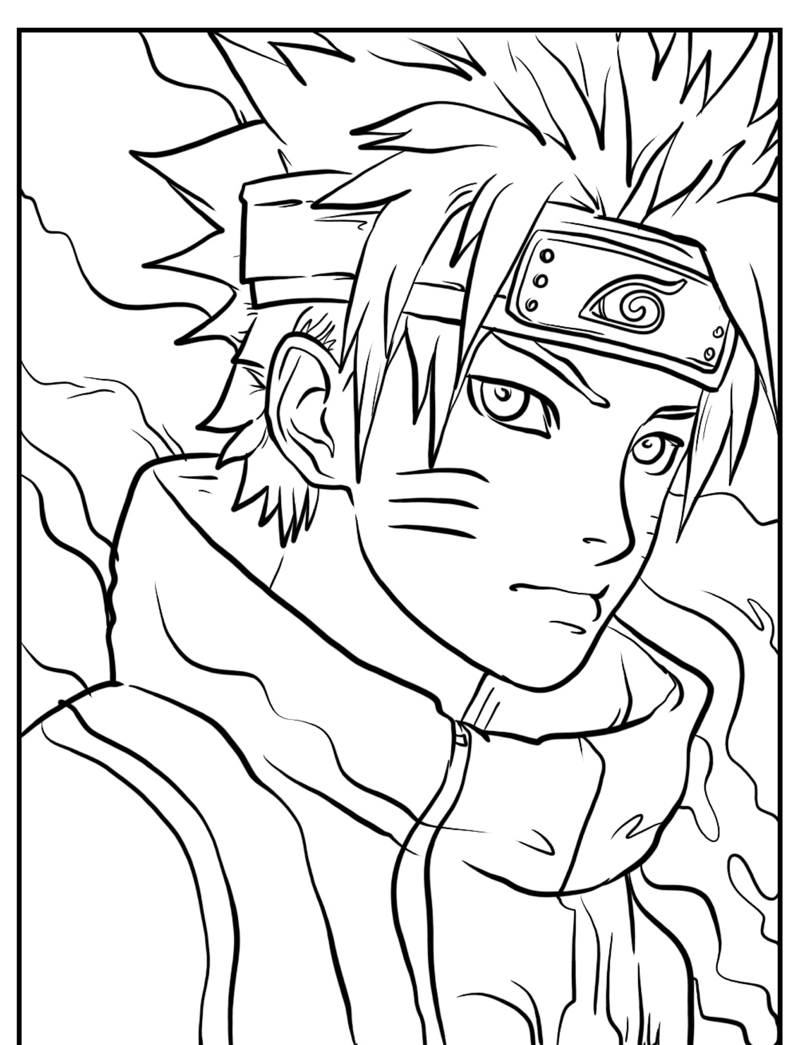 Desenho em preto e branco de Naruto, o personagem de anime com cabelo espetado, usando uma faixa na cabeça e uma jaqueta de gola alta, perfeito para colorir. Para desenhar.