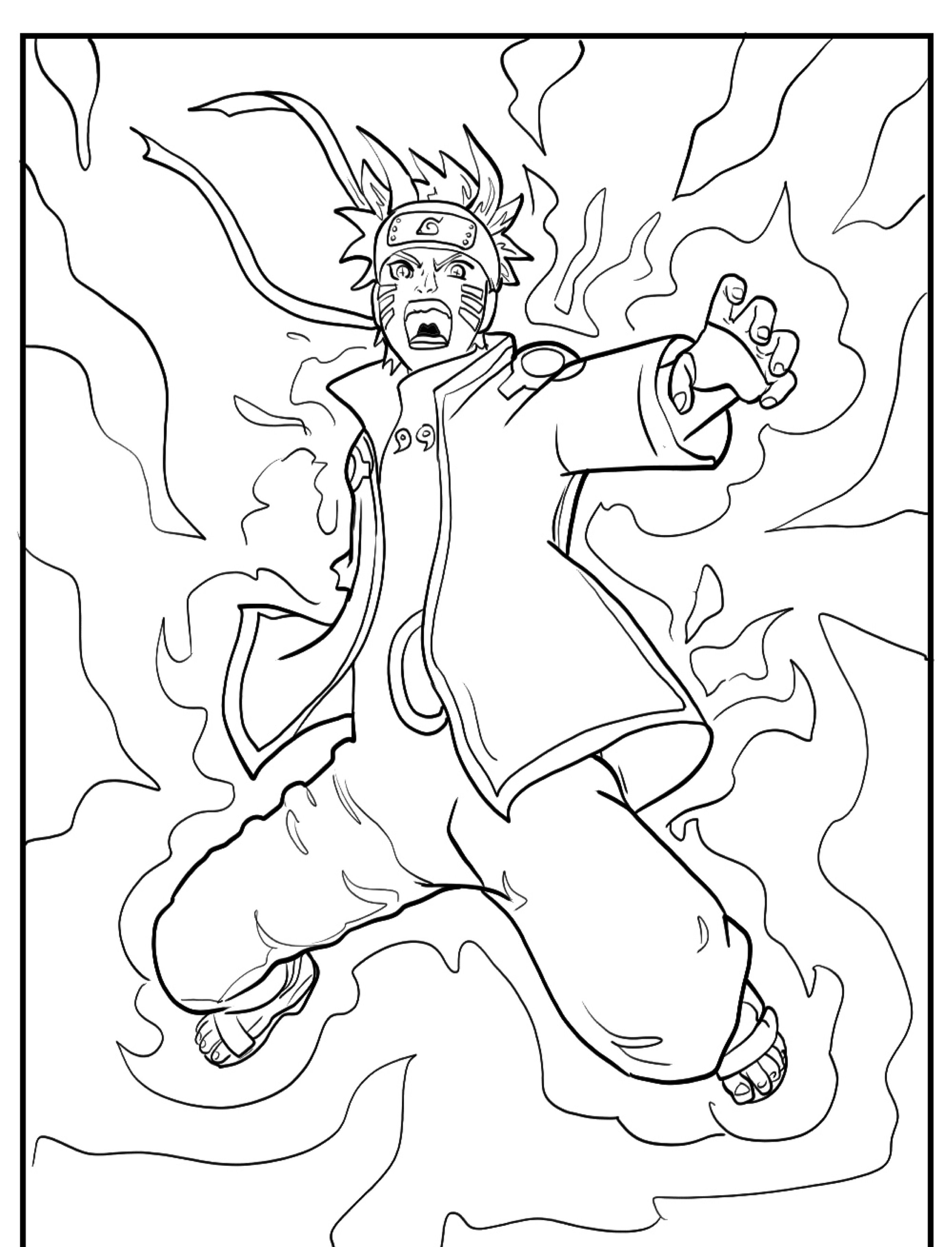 Um personagem com cabelo espetado e uma faixa na cabeça em pose de ação, cercado por uma energia rodopiante, perfeito para um desenho de Naruto para colorir. Para desenhar.