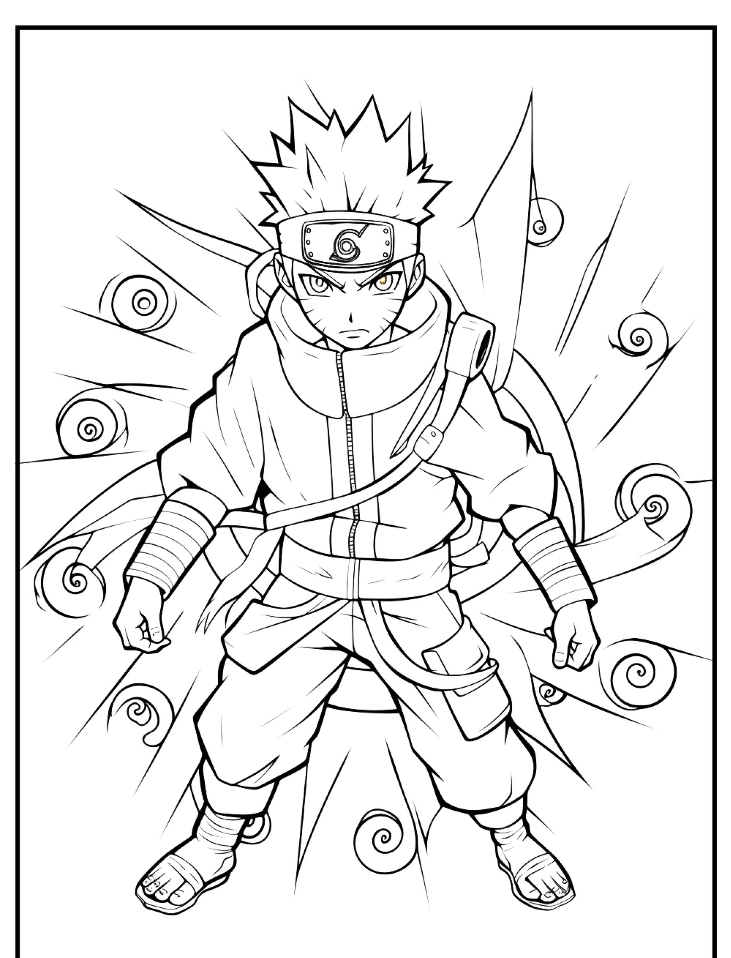 Desenho em preto e branco de um personagem de anime em uma roupa ninja, que lembra Naruto, em uma pose poderosa com desenhos em espiral ao redor. Perfeito para colorir! Para desenhar.