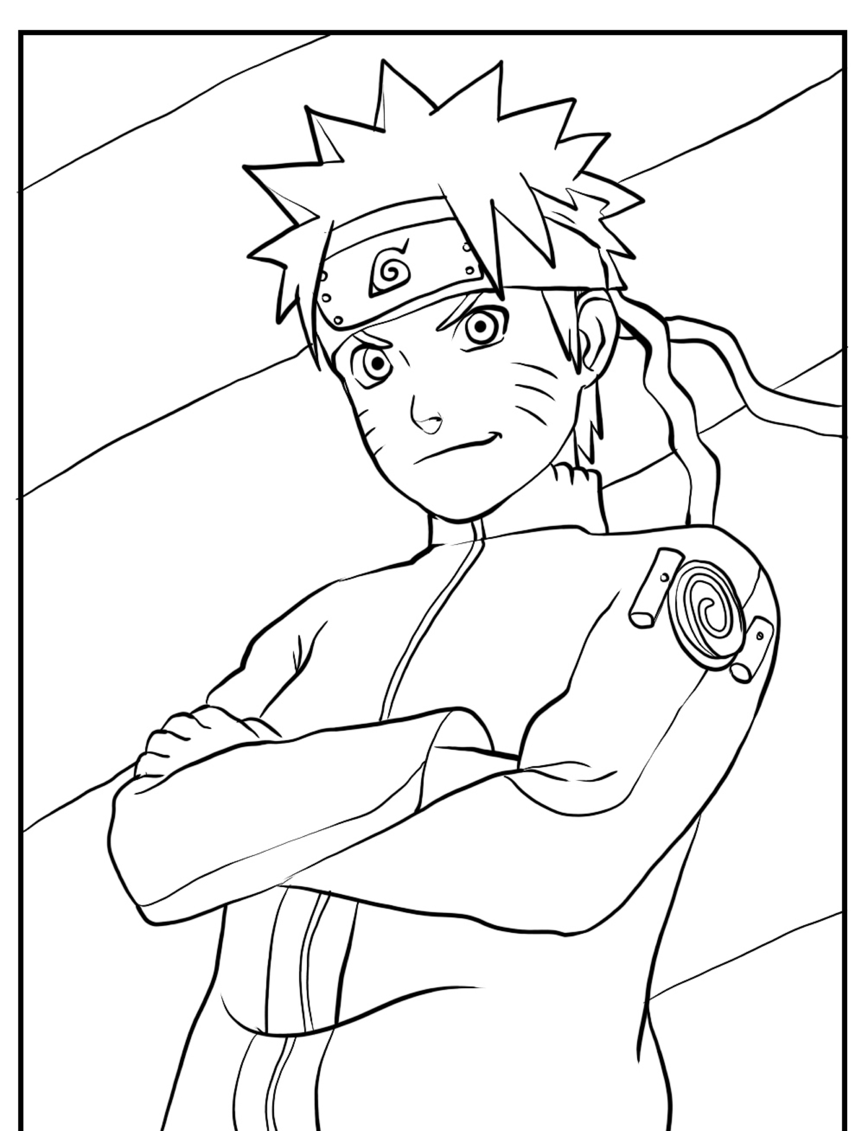 Desenho em preto e branco de um personagem animado usando uma faixa na cabeça com um símbolo de espiral e cruzando os braços, lembrando Naruto. Perfeito para um desenho para colorir. Para desenhar.