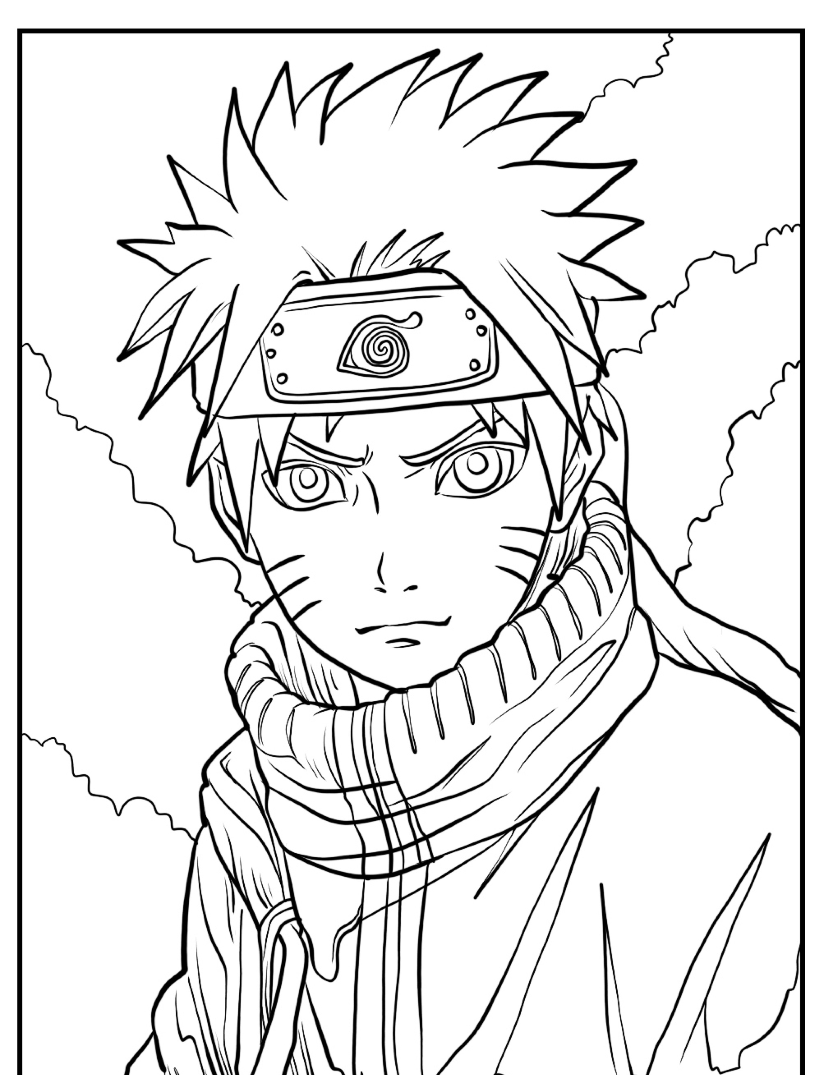 Desenho em preto e branco de um personagem de anime com cabelo espetado, faixa na cabeça e cachecol, parecendo determinado — perfeito para fãs de Naruto ou como desenho para colorir. Para desenhar.