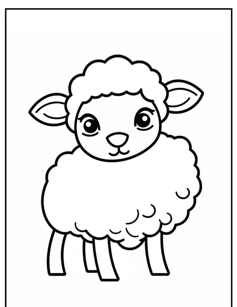 Um lindo coelho de desenho animado com lã fofa e olhos grandes, dentro de uma borda retangular simples, perfeito para colorir e passar uma tarde relaxante de desenho.