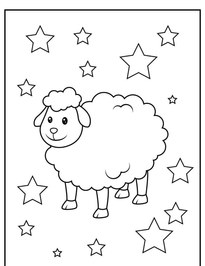 Uma cadela de desenho animado com um pelo fofo está cercada por estrelas neste desenho para colorir em preto e branco.