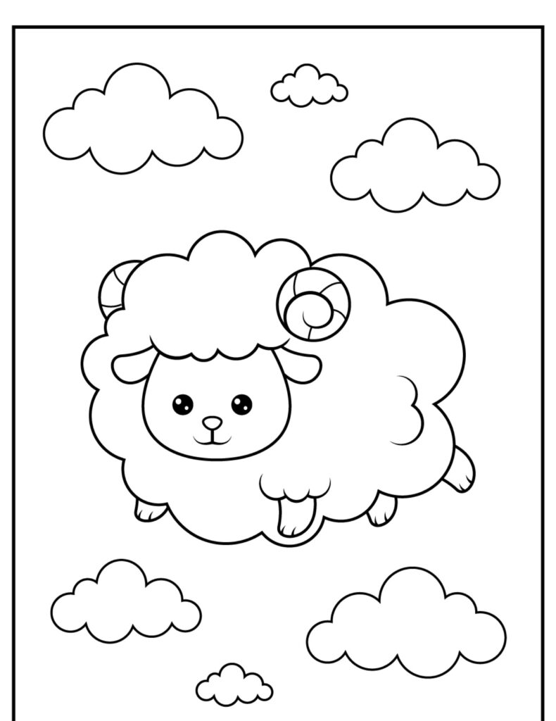 Uma ovelha fofa com chifres enrolados voando entre as nuvens em um desenho em preto e branco, estilo desenho animado, perfeito para colorir.