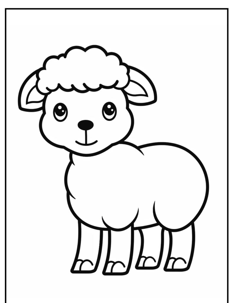 Ilustração em desenho animado de uma ovelha sorridente com lã fofa e olhos grandes, de pé dentro de uma moldura retangular, pronta para colorir.