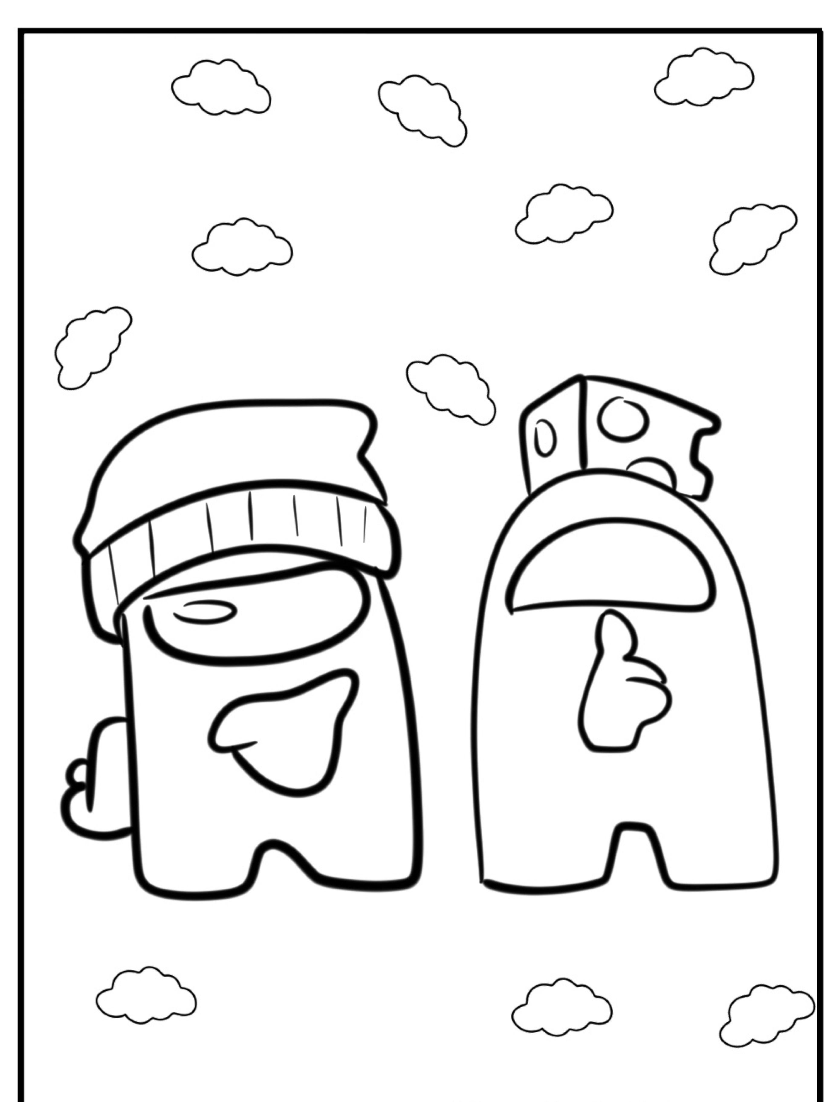 Dois personagens de desenho animado, um usando um gorro e o outro com queijo na cabeça, estão de pé contra um fundo com padrão de nuvens. A cena evoca o estilo clássico "Desenhos para colorir", convidando a imaginação e a criatividade.