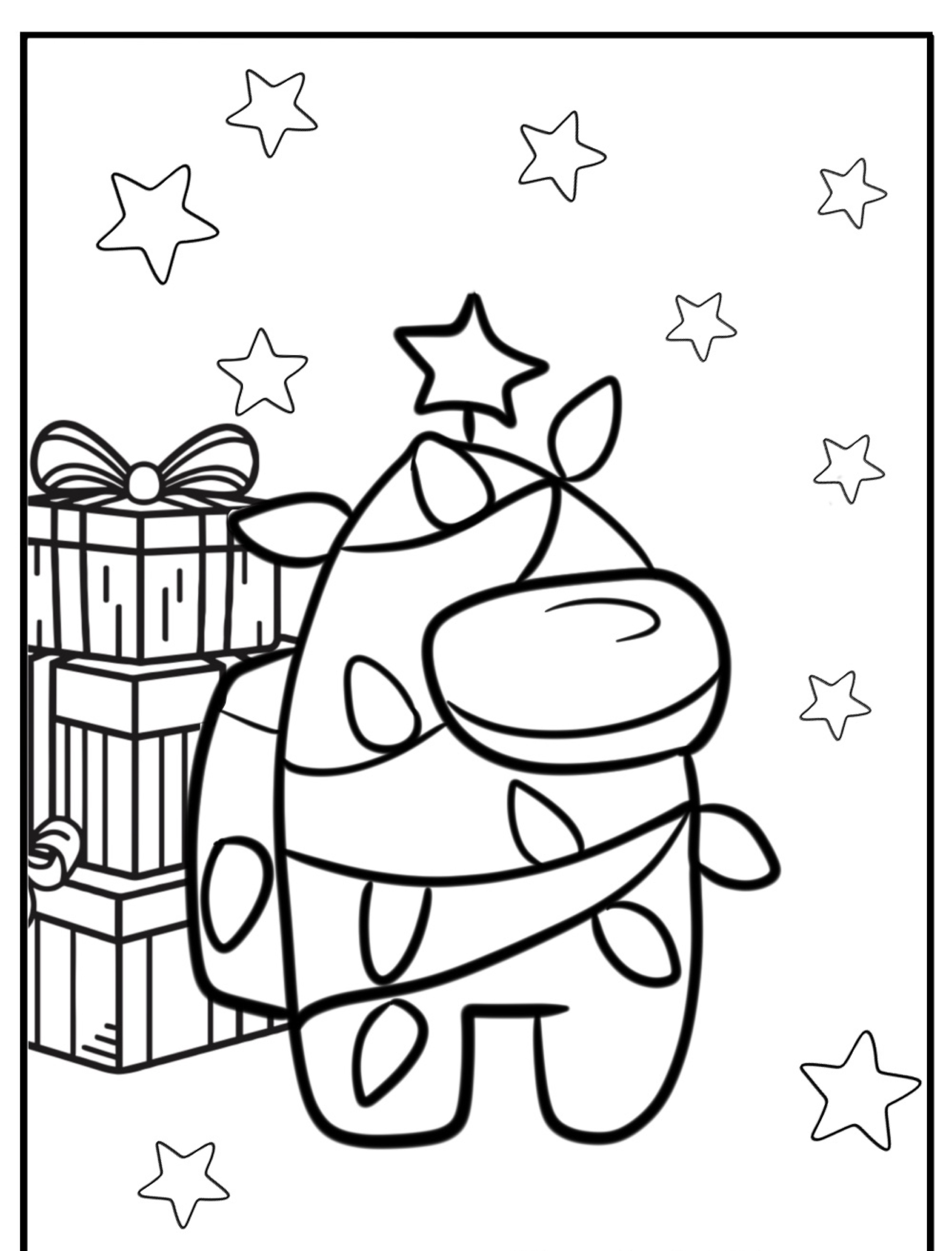 Um personagem envolto em luzes de Natal está ao lado de presentes empilhados com estrelas ao fundo, lembrando Desenhos Among Us para colorir.