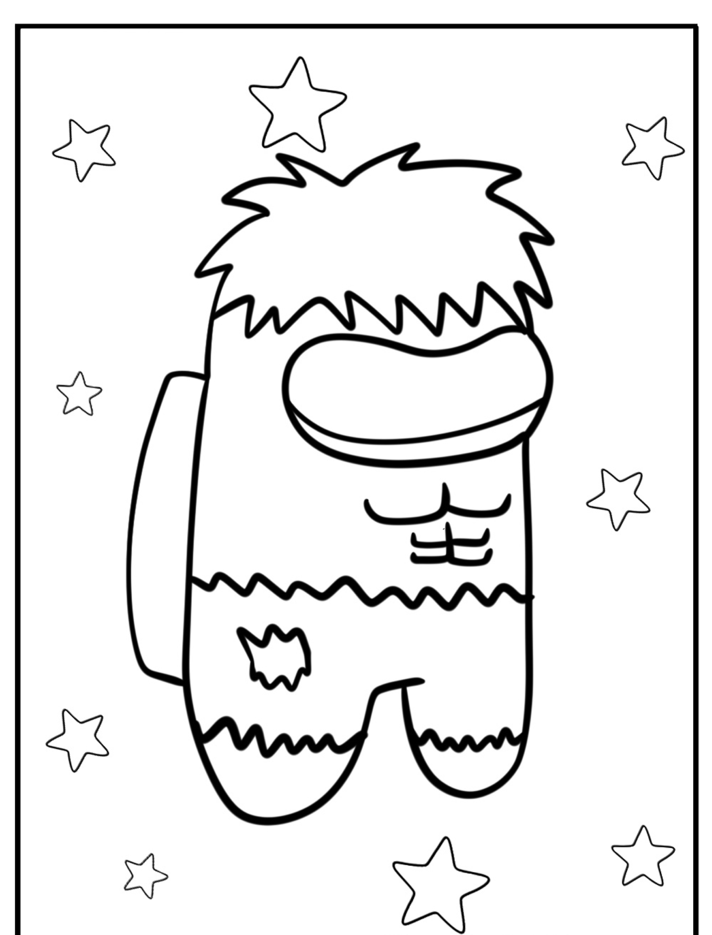 Um membro da tripulação do desenho animado "Among Us" com cabelo espetado e um desenho muscular em seu traje, cercado por estrelas, perfeito para desenhos para colorir.