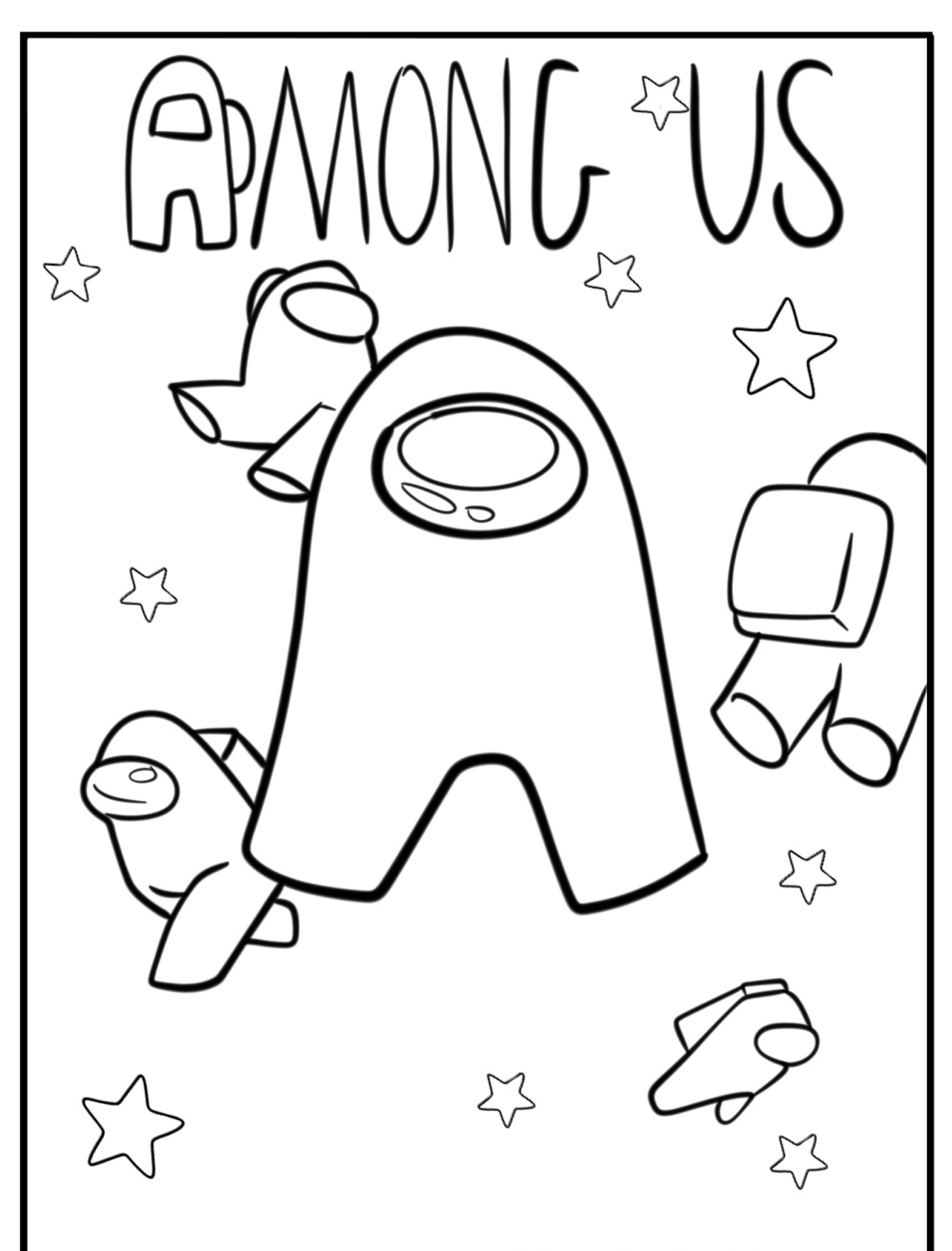 Personagens e estrelas de "Among Us" contornados com o texto "AMONG US" no topo, desenho perfeito para colorir.