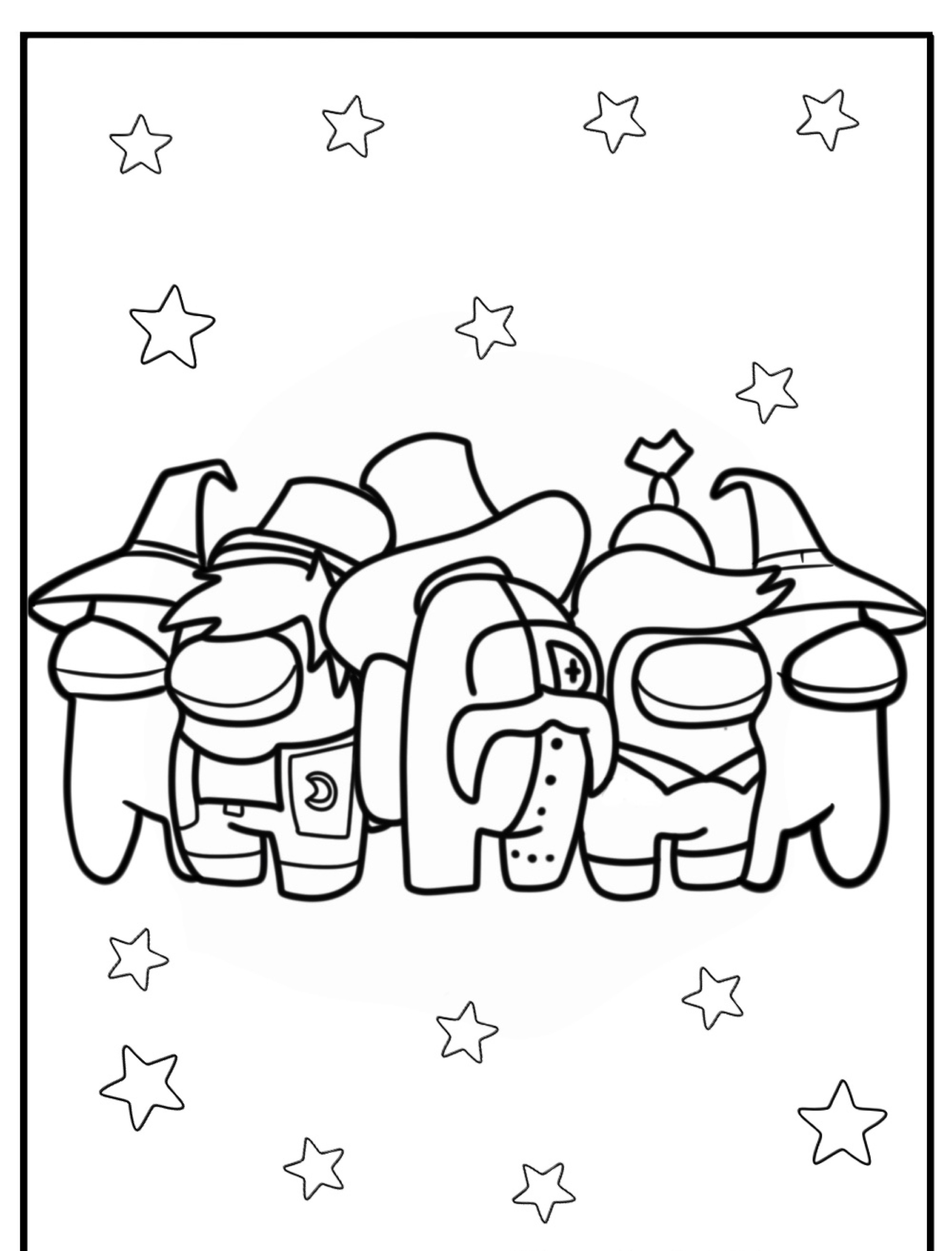 Um grupo de personagens de Desenhos Among Us com vários chapéus, com estrelas espalhadas ao redor deles, perfeitos para colorir.