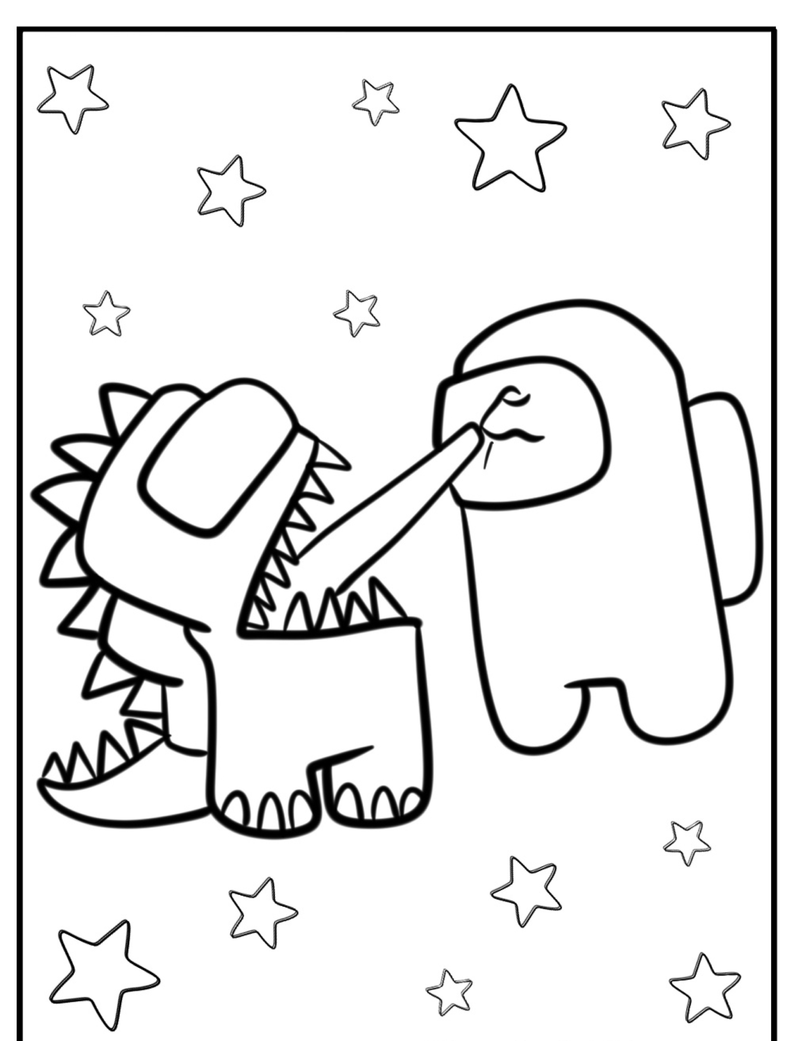 Dois personagens: um parecido com um dinossauro e o outro em um traje espacial do Desenhos Among Us, brigando em um fundo estrelado, perfeito para quem gosta de colorir.