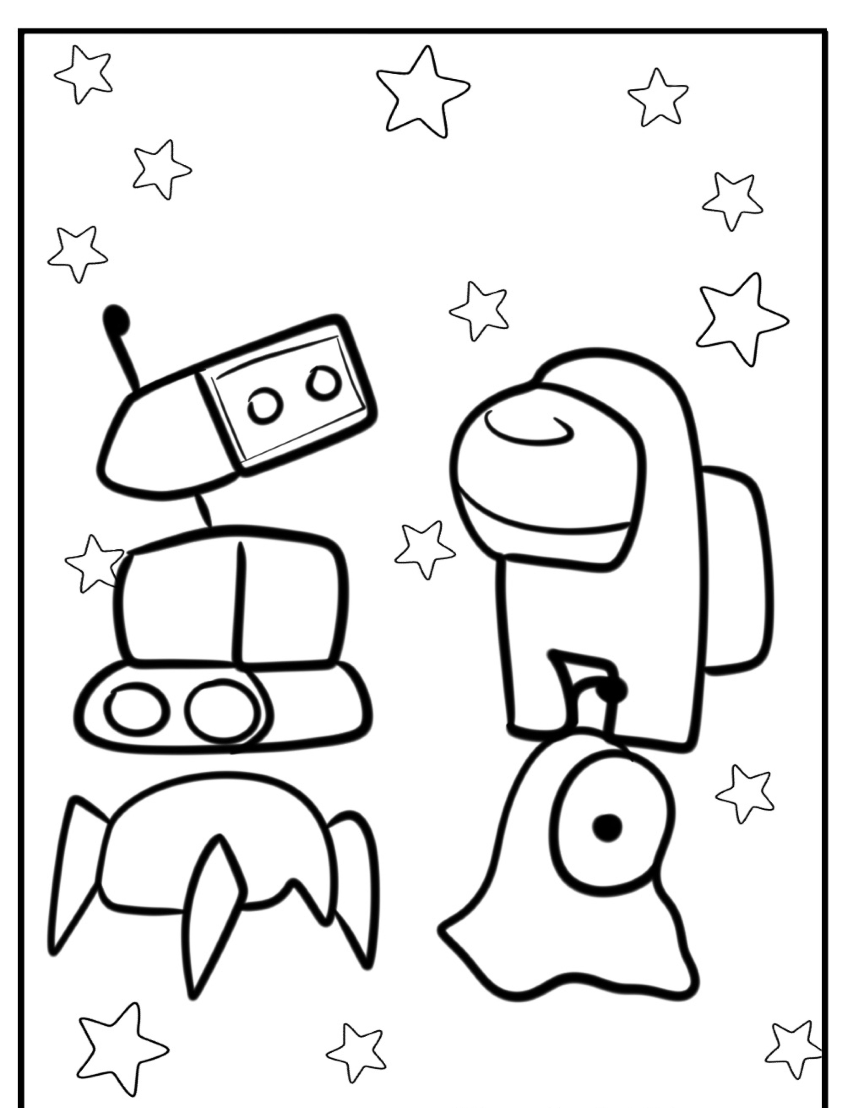 Um desenho para colorir com um robô, um personagem em um traje espacial que lembra Among Us, um foguete e um fantasma com estrelas ao fundo.