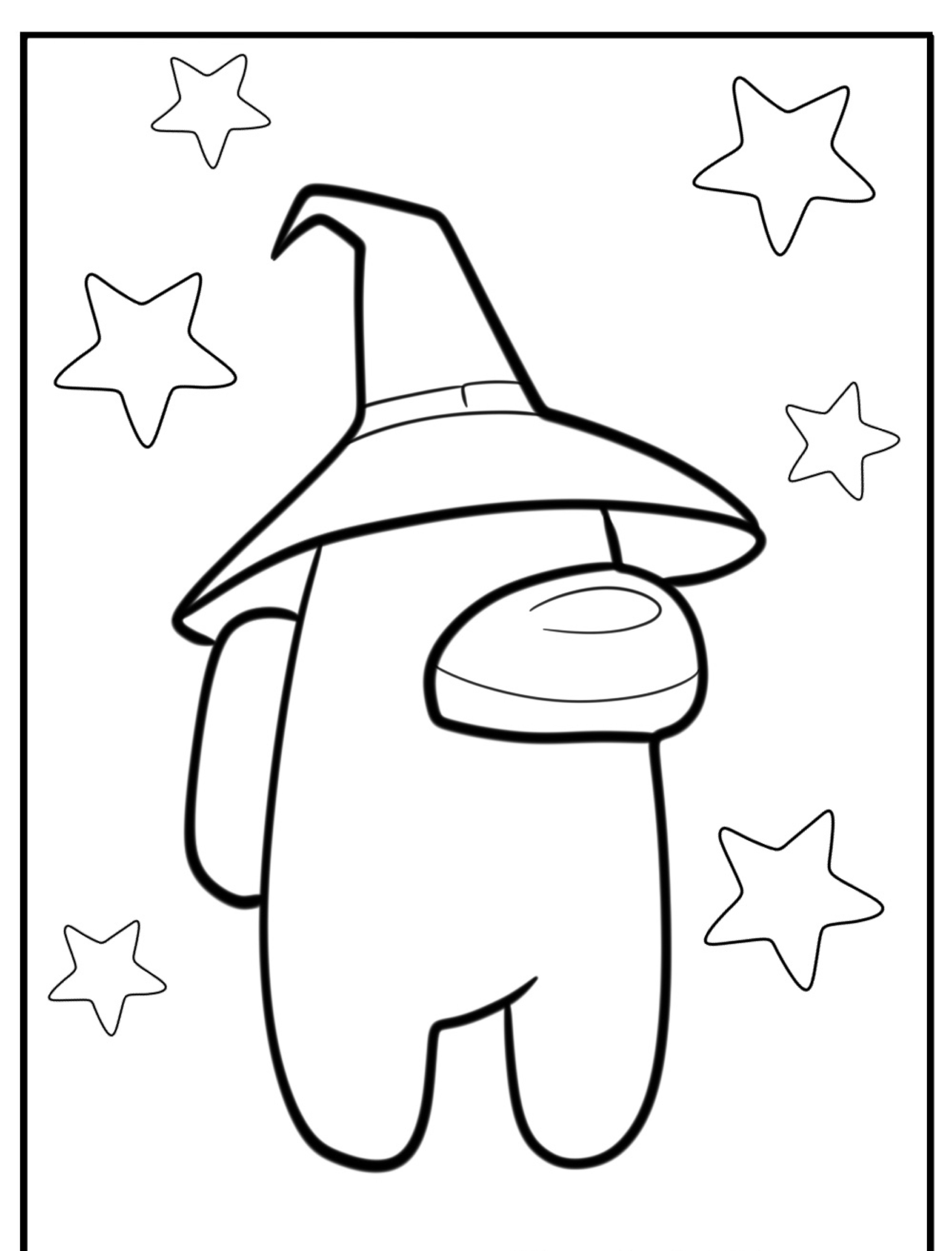 Uma personagem de Among Us usando um chapéu de bruxa, cercada por estrelas, pronta para colorir. Perfeito para fãs de desenho e mistérios espaciais!