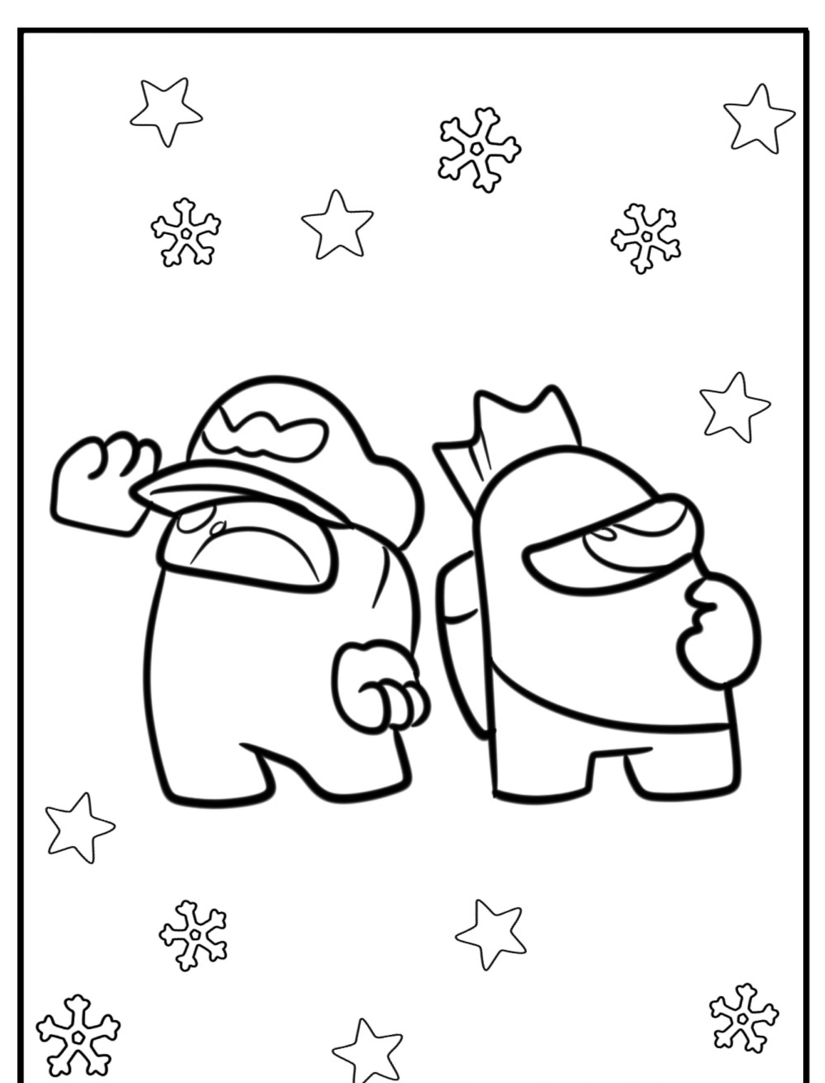 Dois personagens de desenho animado excêntricos, um usando um chapéu e o outro com uma coroa, em um cenário de estrelas e flocos de neve, aguardam seu toque criativo. Perfeito para fãs de desenho para colorir ou para aqueles que amam uma reviravolta encantadora nas aventuras de Among Us.