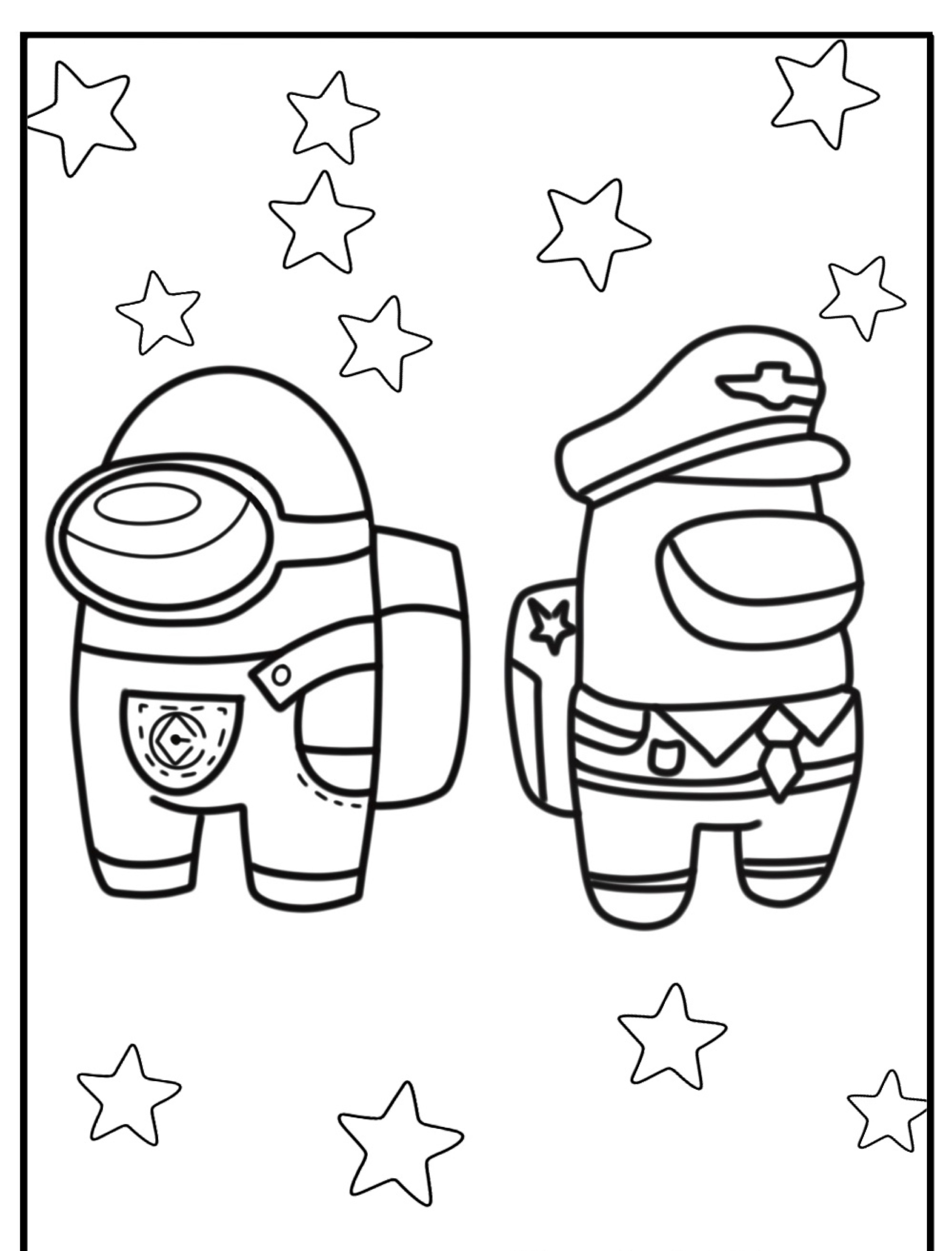 Dois personagens de Desenhos Among Us usando chapéus, um de macacão com viseira, o outro de uniforme policial, cercados por estrelas, perfeitos para colorir.