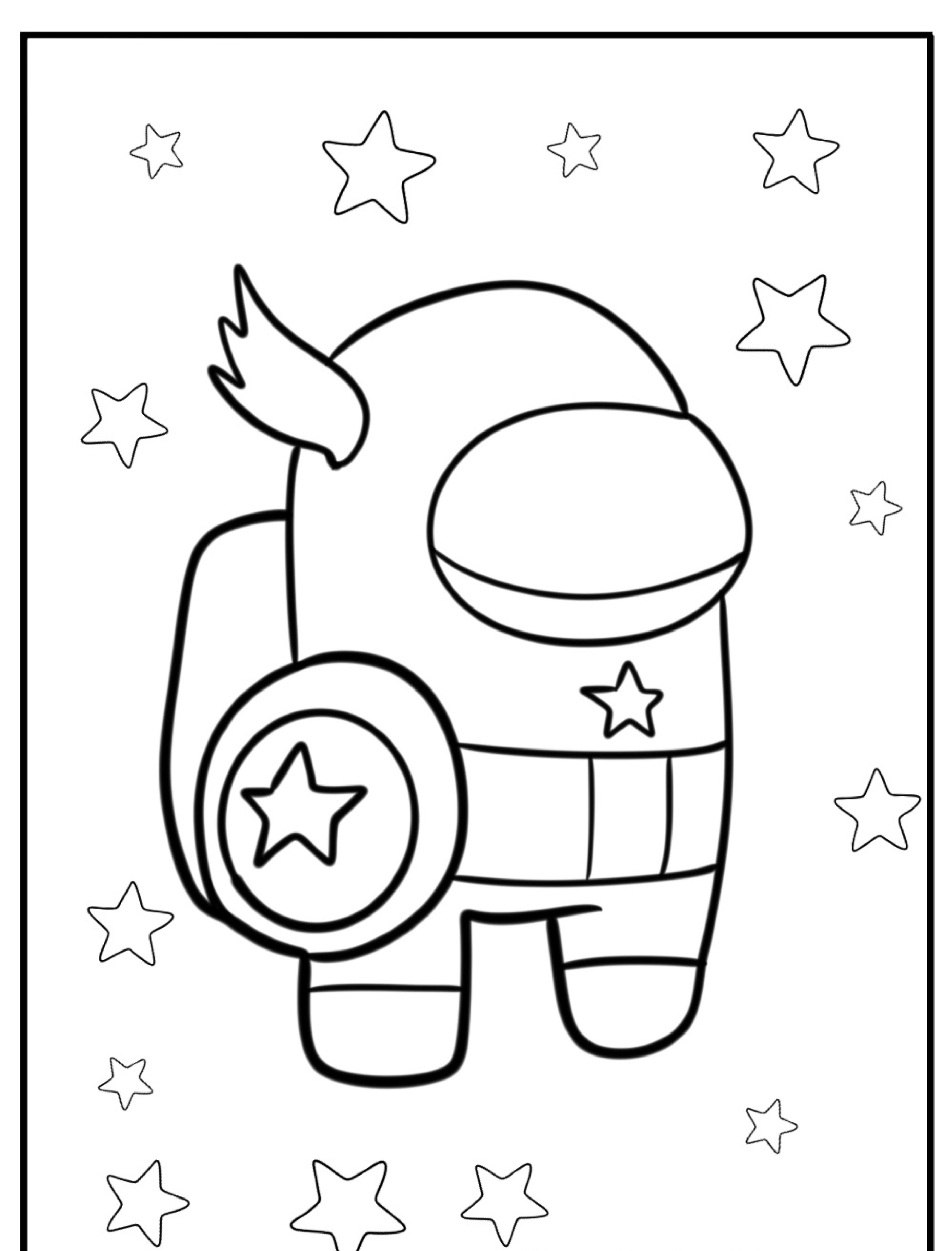 Um desenho para colorir com um personagem do Among Us vestido como Capitão América, com estrelas ao fundo.