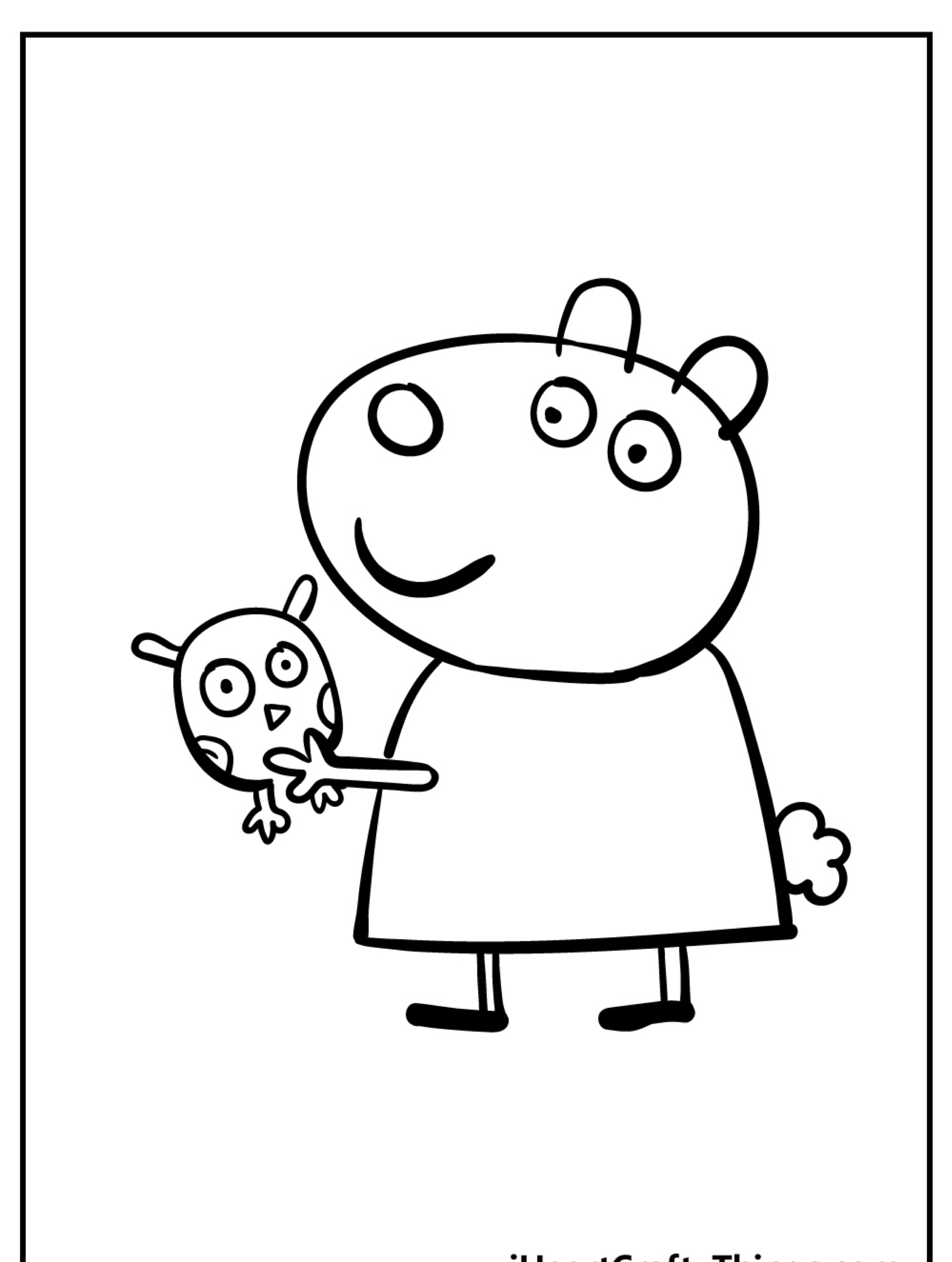 Um personagem de desenho animado, que lembra Peppa Pig, segurando uma pequena coruja. Ambos estão sorrindo e contornados em preto e branco, perfeitos para colorir.