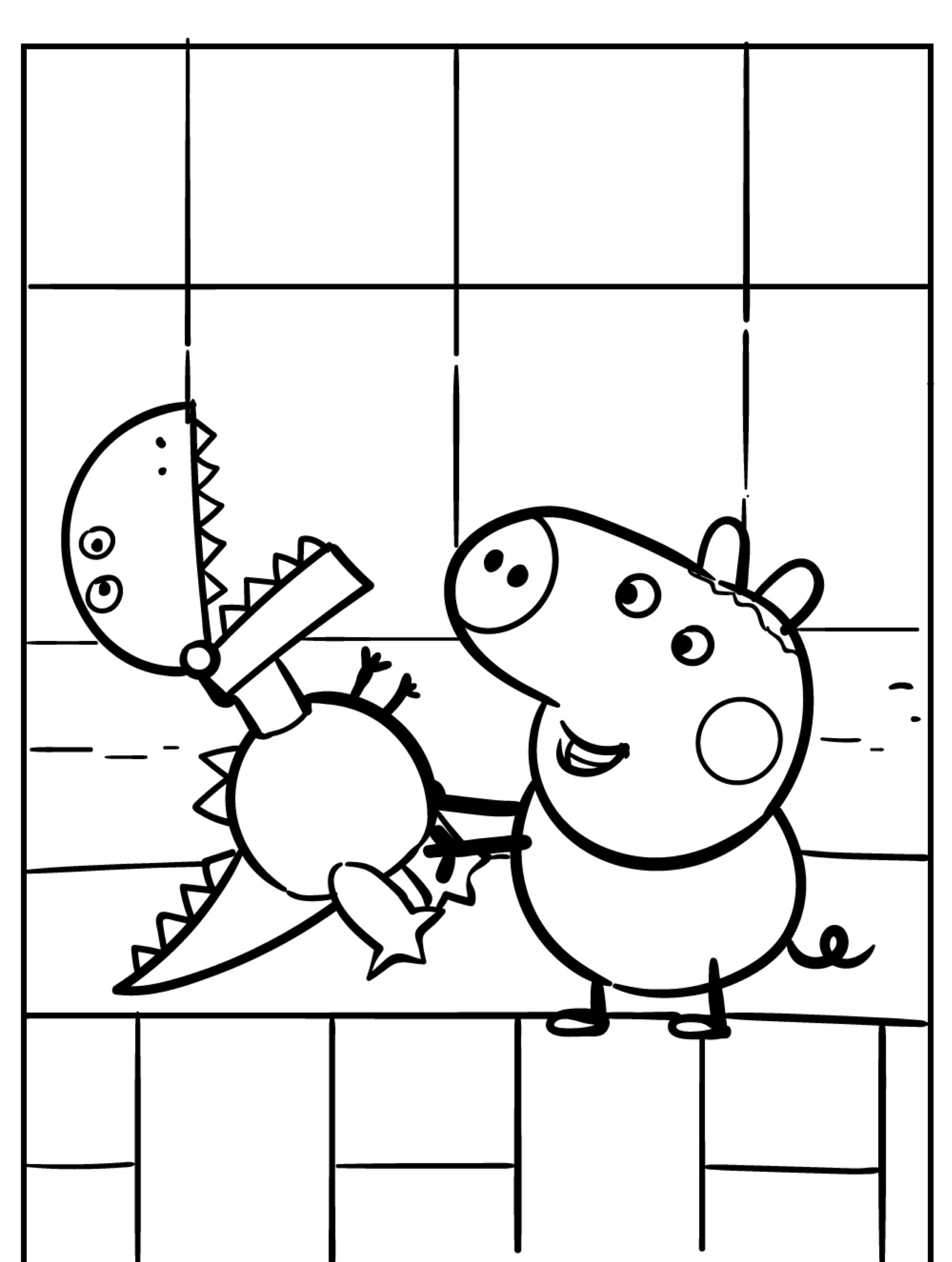 Um personagem de desenho animado parecido com Peppa Pig está segurando um brinquedo de dinossauro enquanto está em pé na frente de uma parede de azulejos. Ideal para colorir, esta cena de desenho captura diversão lúdica.