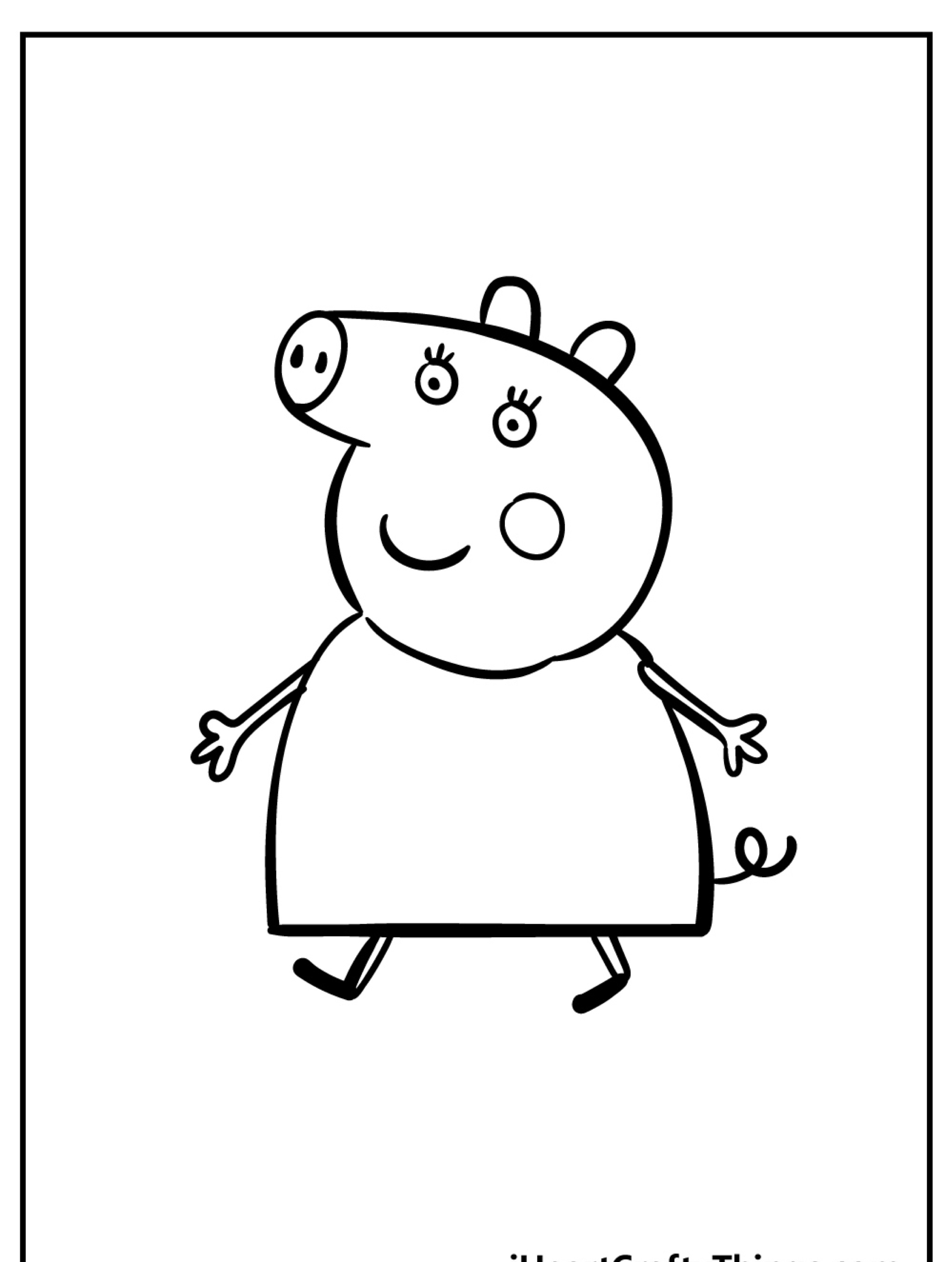 Um desenho simples em preto e branco de um porco de desenho animado sorrindo, usando um vestido e andando ereto, perfeito para desenhos para colorir.