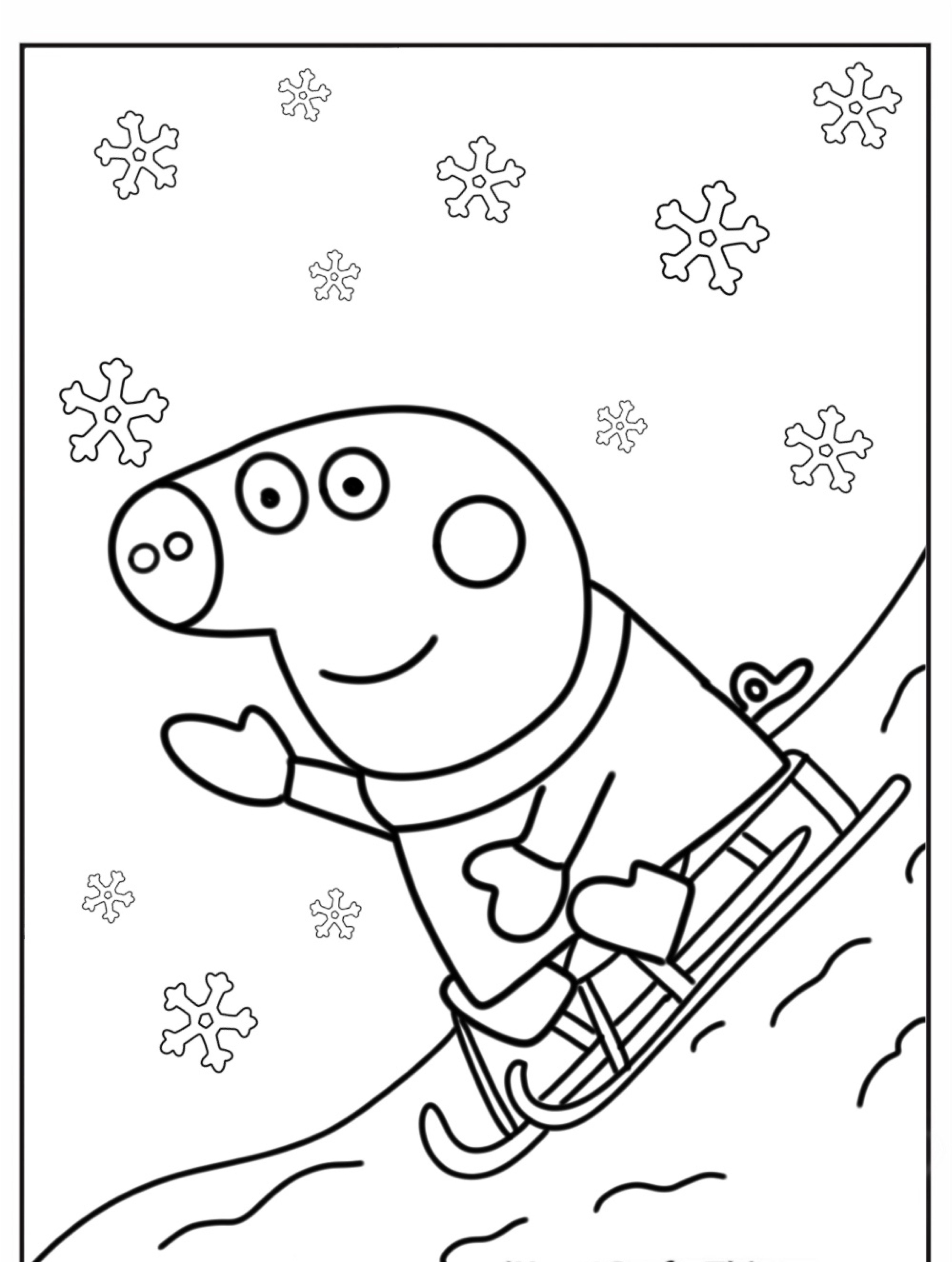 Personagem de desenho animado da Peppa Pig descendo uma colina de trenó com flocos de neve caindo ao fundo, perfeito para colorir.