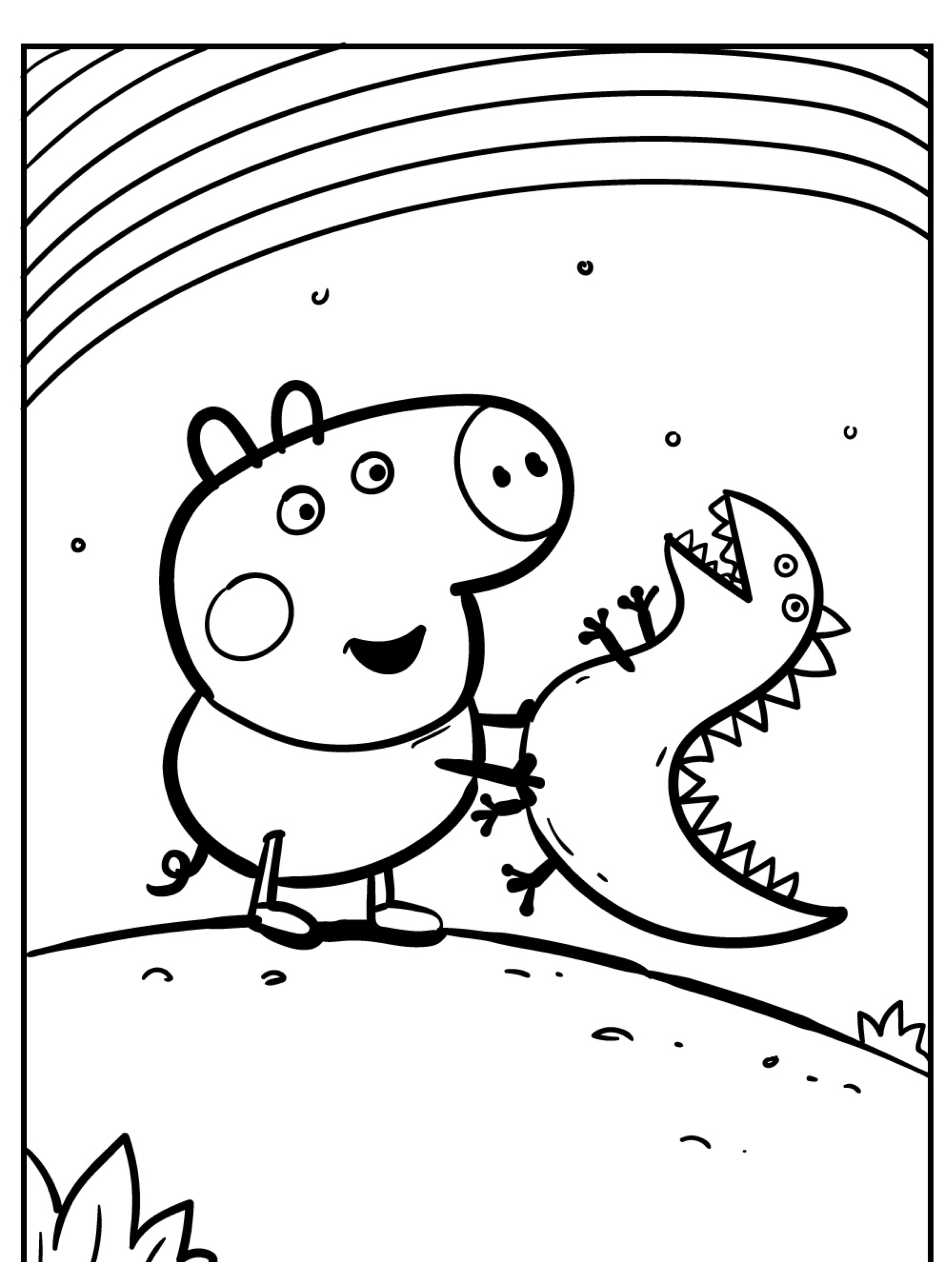 Um porco de desenho animado que lembra a Peppa Pig segura um dinossauro de brinquedo sob um arco-íris em um desenho lúdico em preto e branco, perfeito para sessões de colorir.