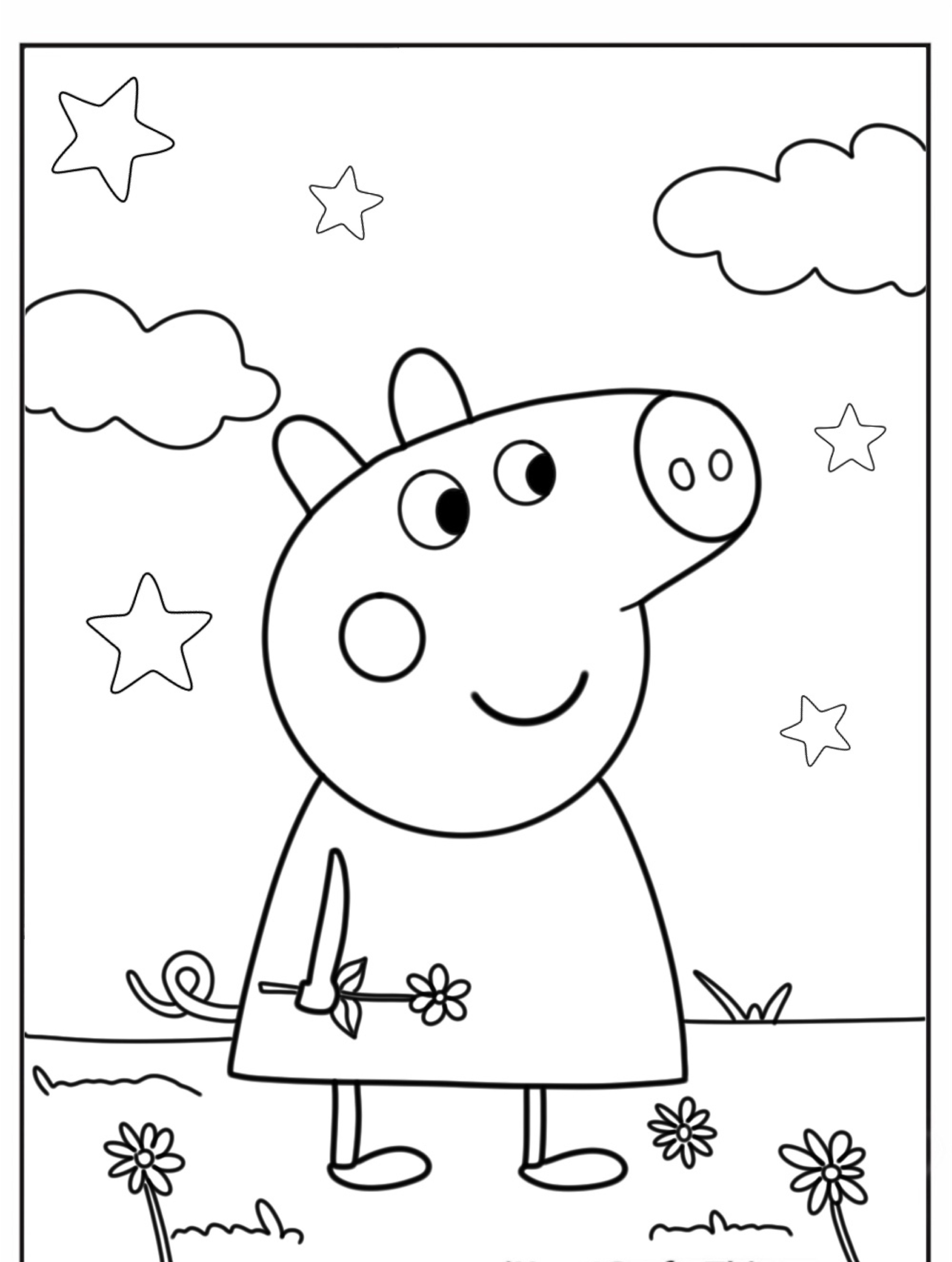 Um porco sorridente de desenho animado, parecido com Peppa Pig, segura uma flor enquanto está de pé na grama com estrelas e nuvens ao fundo. Ideal para desenho para colorir.