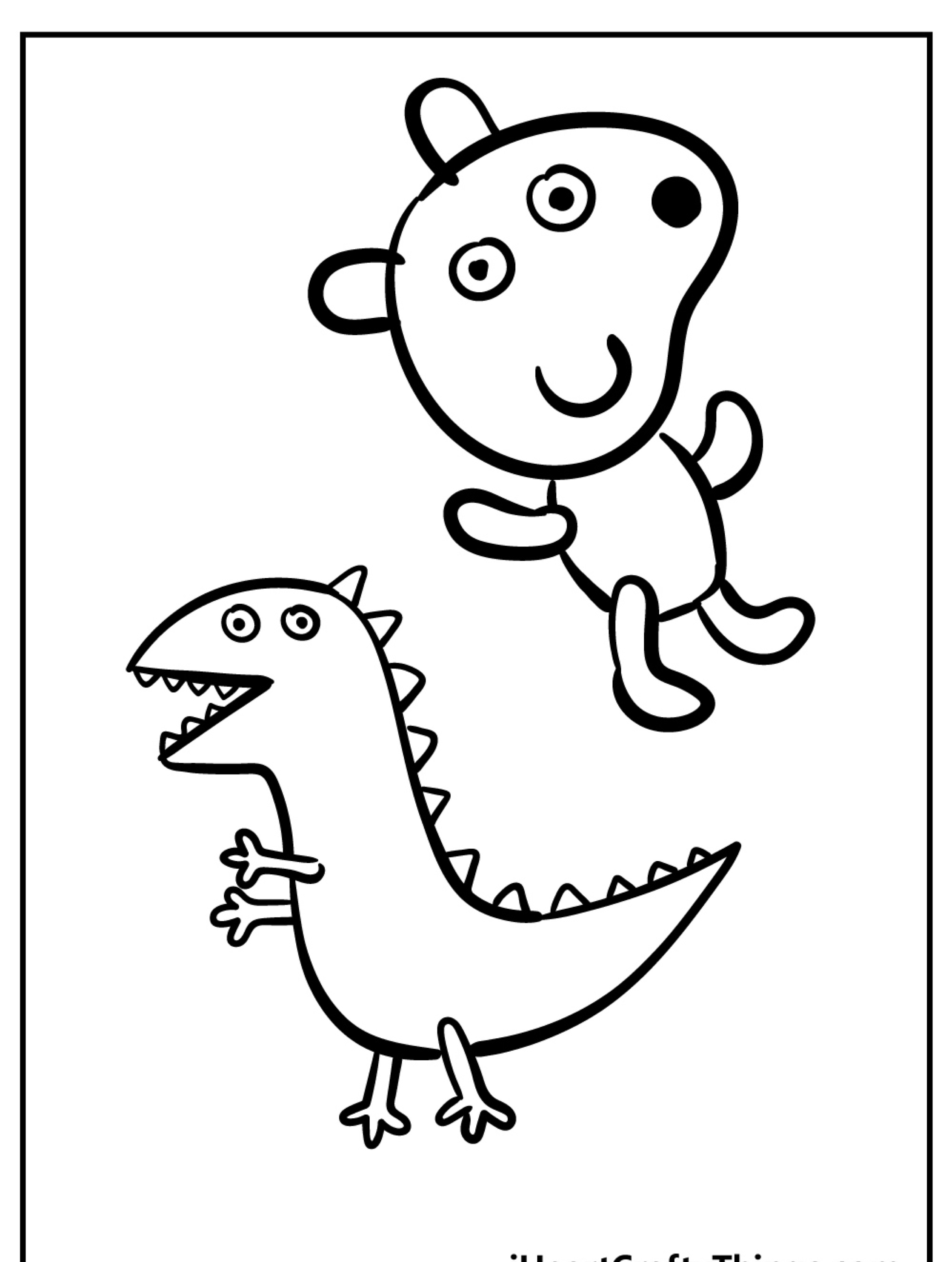 Uma página para colorir simples em preto e branco com um dinossauro de desenho animado feliz e um personagem sorridente com orelhas e nariz redondo, perfeita para fãs de desenhos para colorir da Peppa Pig.