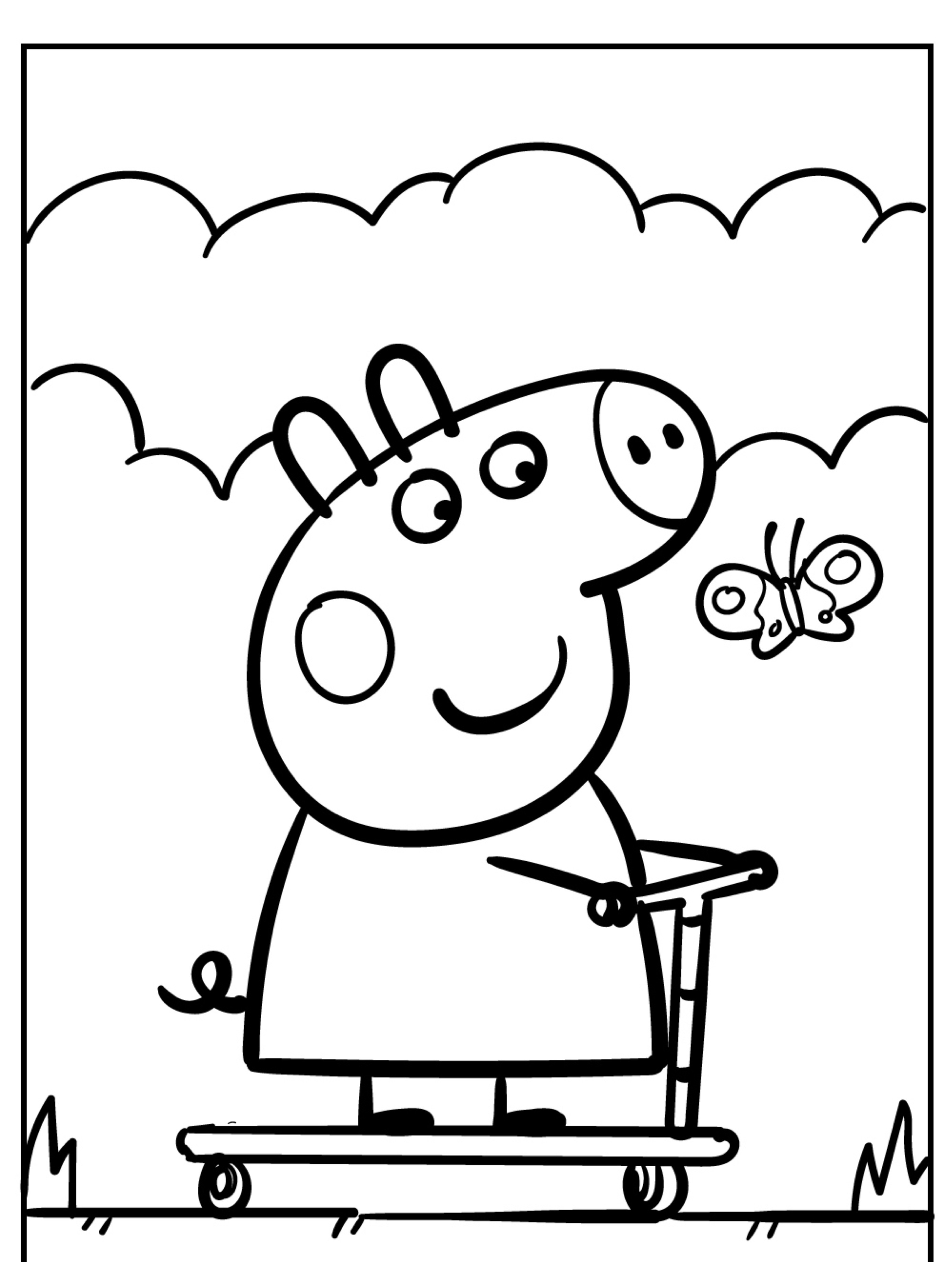 Um porco de desenho animado alegre, que lembra a Peppa Pig, anda de scooter enquanto admira uma borboleta, em um cenário de céu e nuvens fofas. É como entrar em um dos Desenhos que você ama colorir.