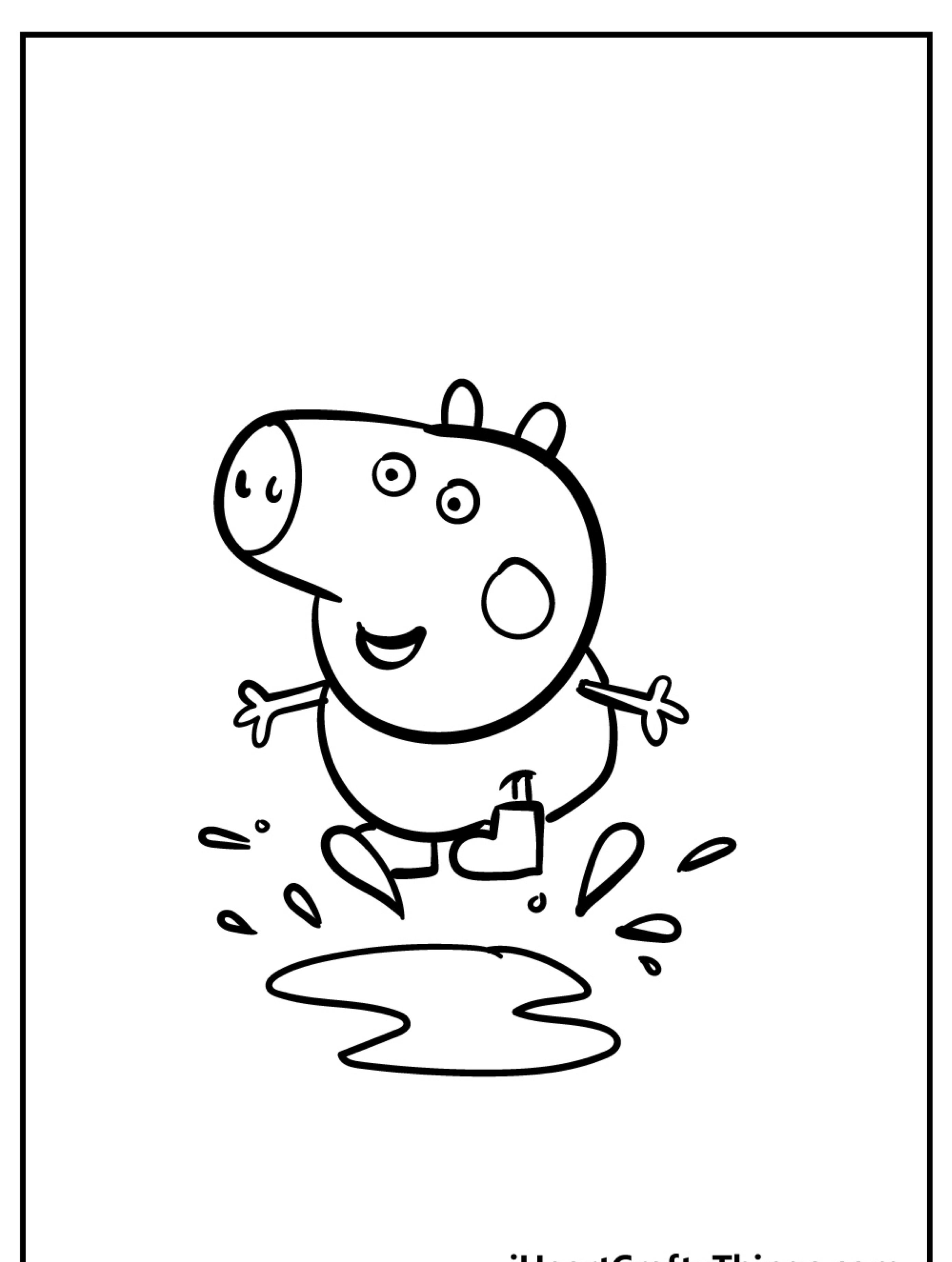 Um personagem de desenho animado com aparência de porco, que lembra a Peppa Pig, pula alegremente em uma poça com água espirrando ao redor. Perfeito para desenho para colorir!