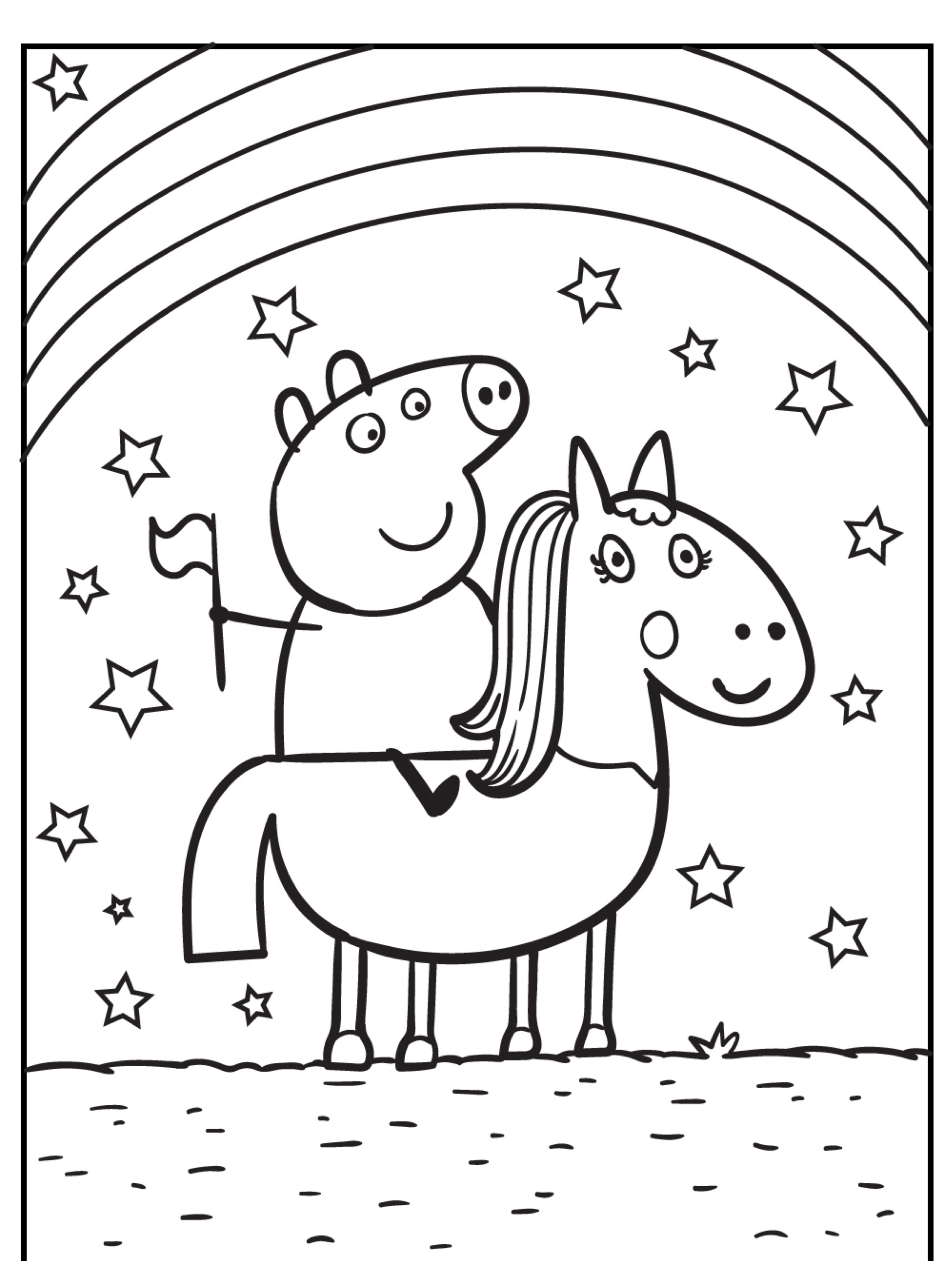 Um porco de desenho animado, que lembra a Peppa Pig, segura uma bandeira enquanto cavalga um cavalo sob um céu estrelado com um arco-íris ao fundo. Perfeito para os entusiastas de desenho para colorir!