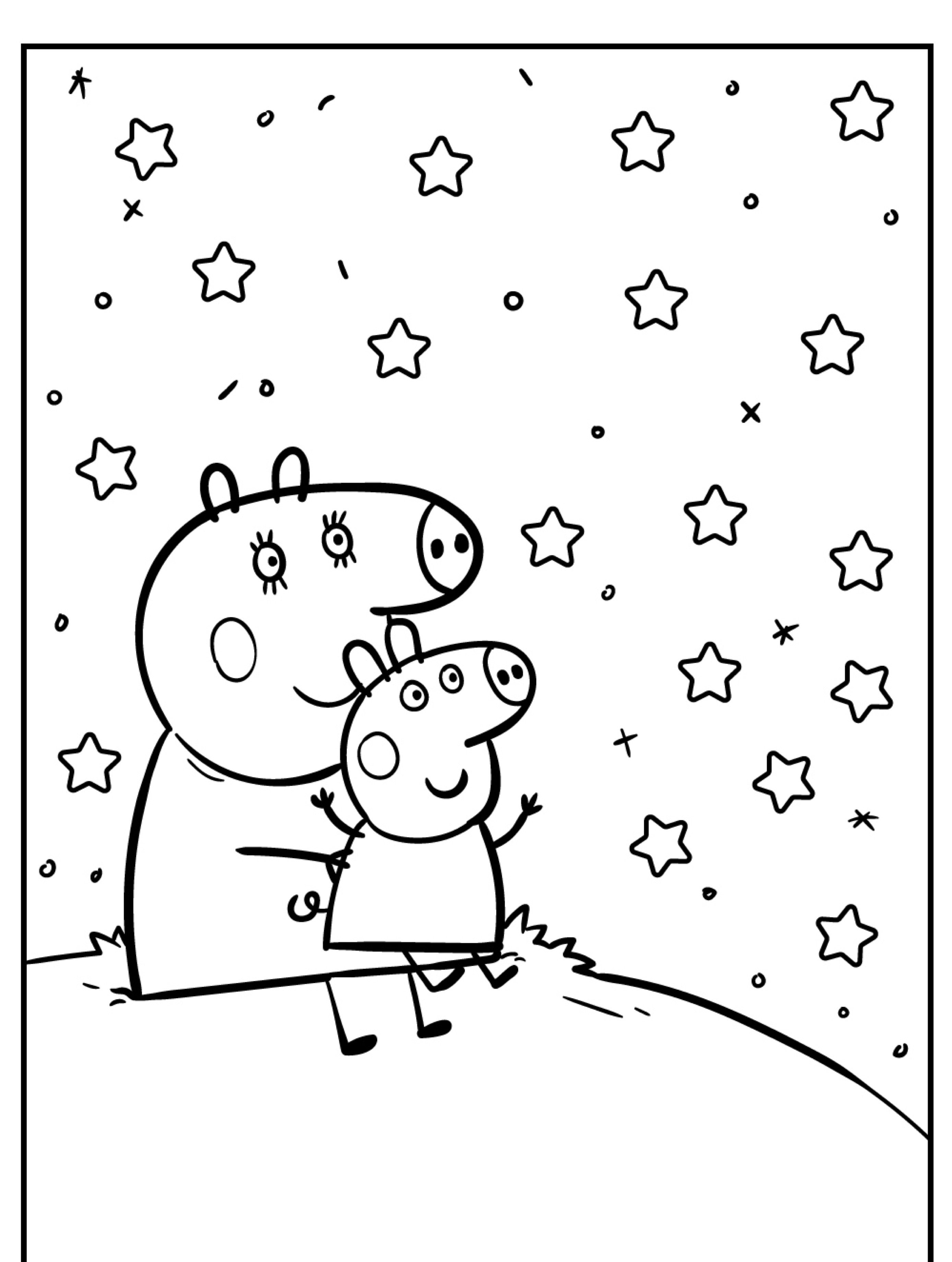 Dois personagens de porcos de desenho animado que lembram Peppa Pig sentam-se em uma colina gramada, olhando para as estrelas que preenchem o céu noturno em um desenho em preto e branco. Pegue suas ferramentas de colorir para dar vida a esses desenhos!