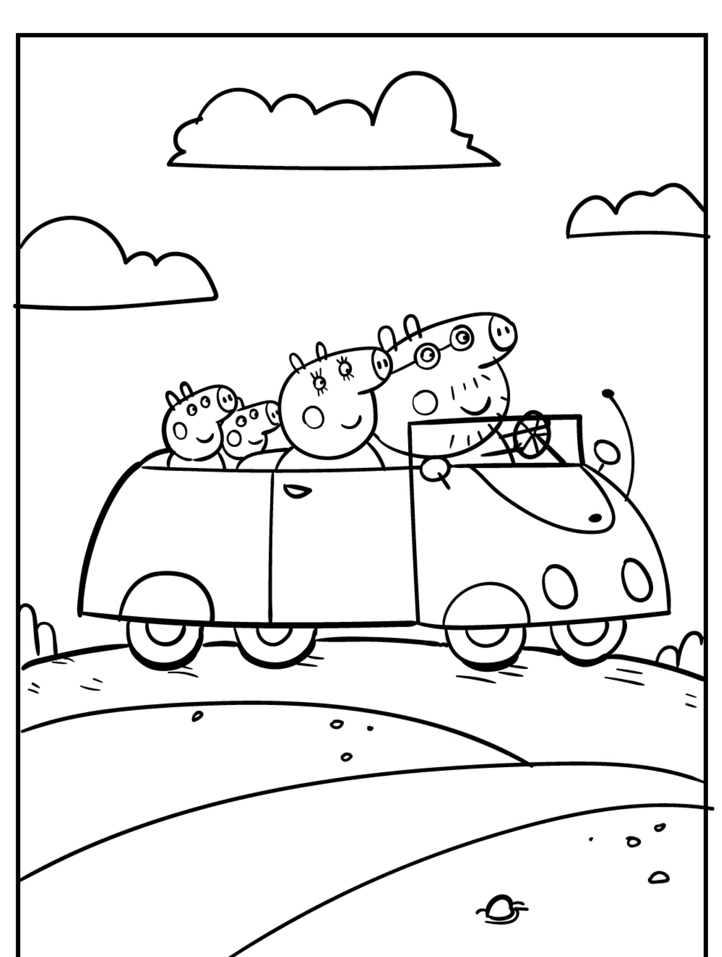 Página para colorir da Peppa Pig e sua família animada de porcos dirigindo alegremente um carro em uma estrada rural com nuvens no céu. Desenhos para colorir para diversão sem fim!