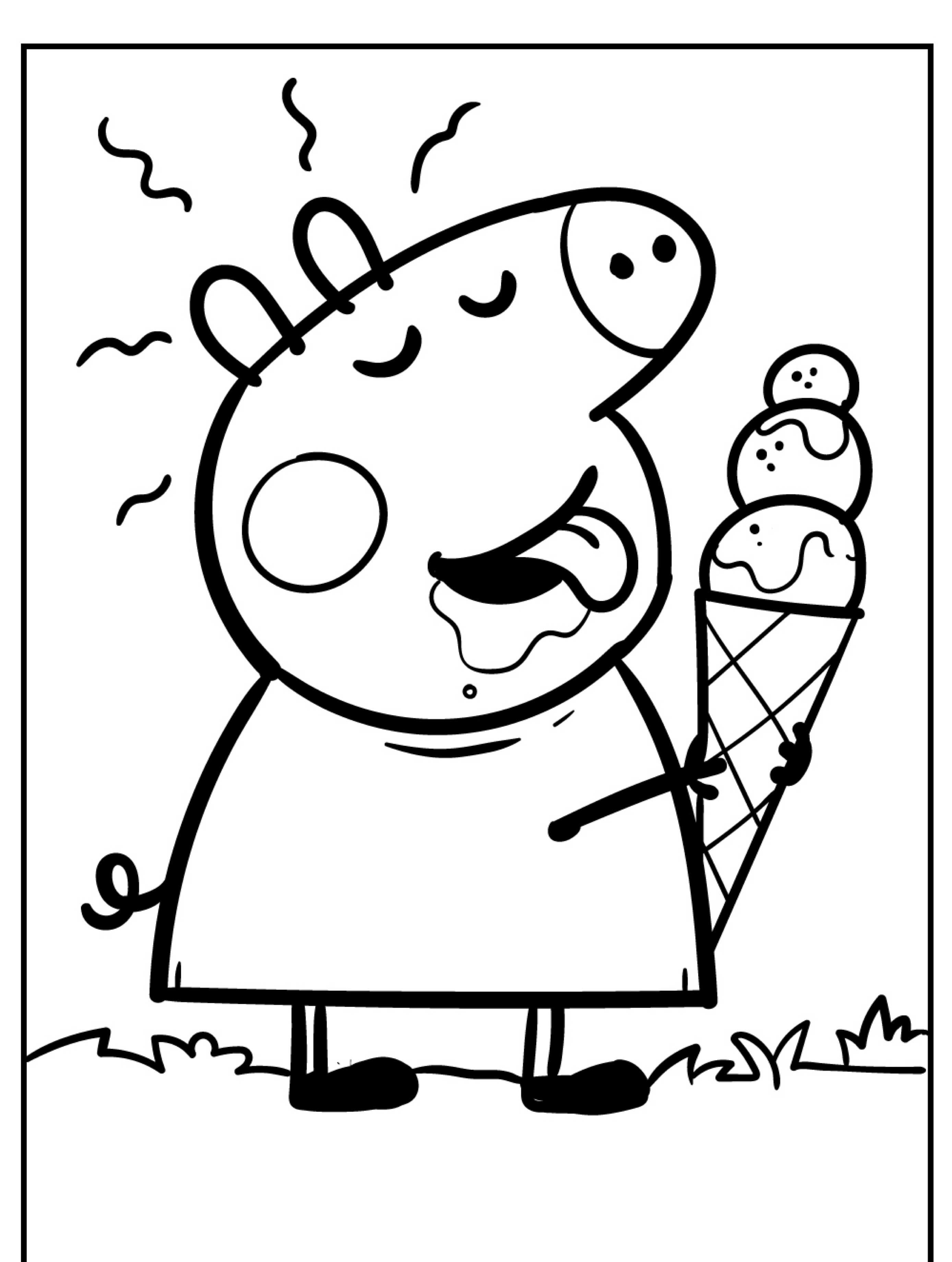 Peppa Pig lambendo uma casquinha de sorvete com três bolas, em pé na grama com linhas indicando diversão — perfeito para desenhos para colorir!