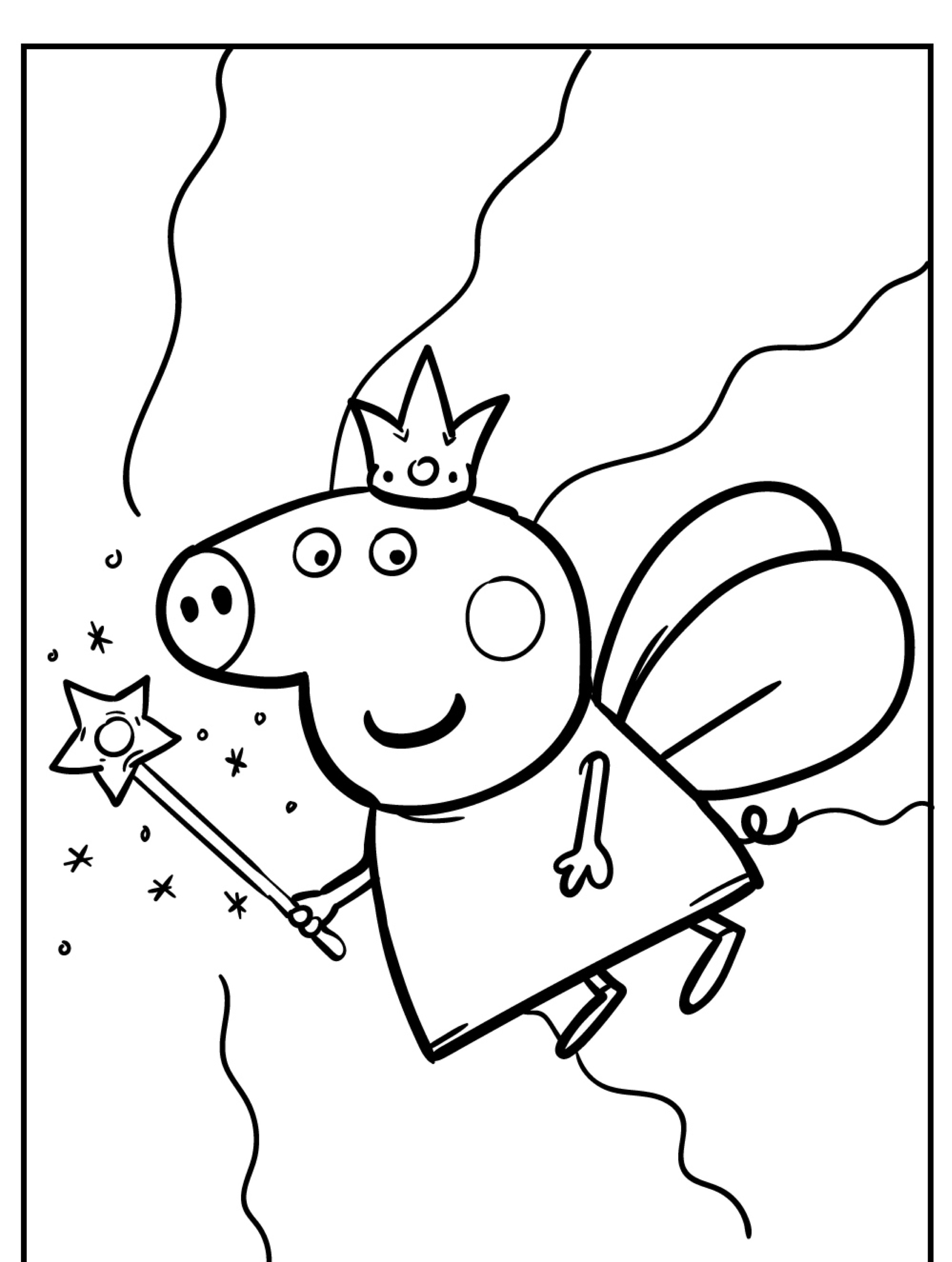 Um desenho para colorir de um porco de desenho animado com asas, segurando uma varinha e usando uma coroa, que lembra o mundo fantástico da Peppa Pig.