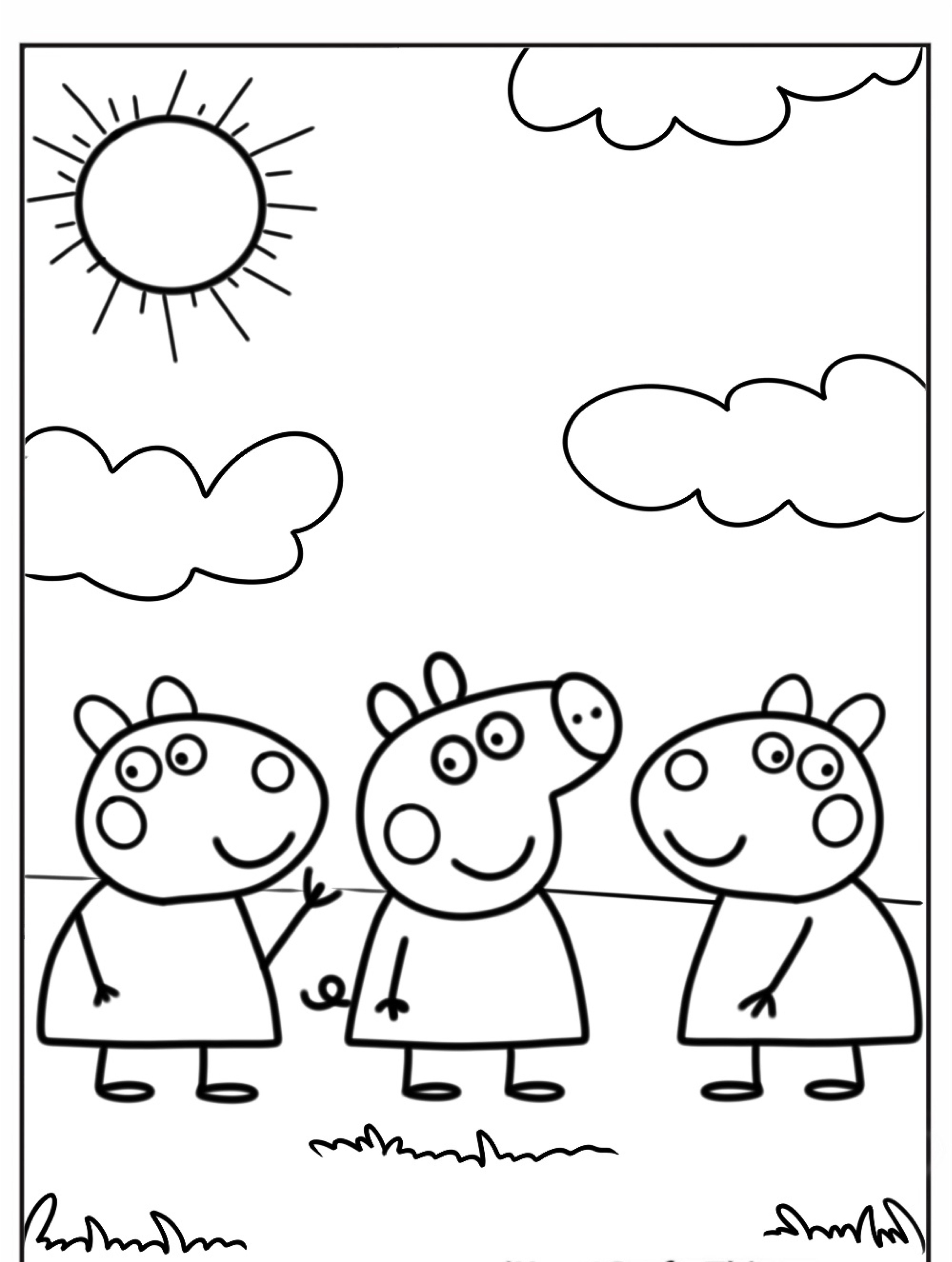 Três porcos de desenho animado, que lembram a Peppa Pig, estão do lado de fora sob o sol e as nuvens no céu, desenhos perfeitos para colorir.