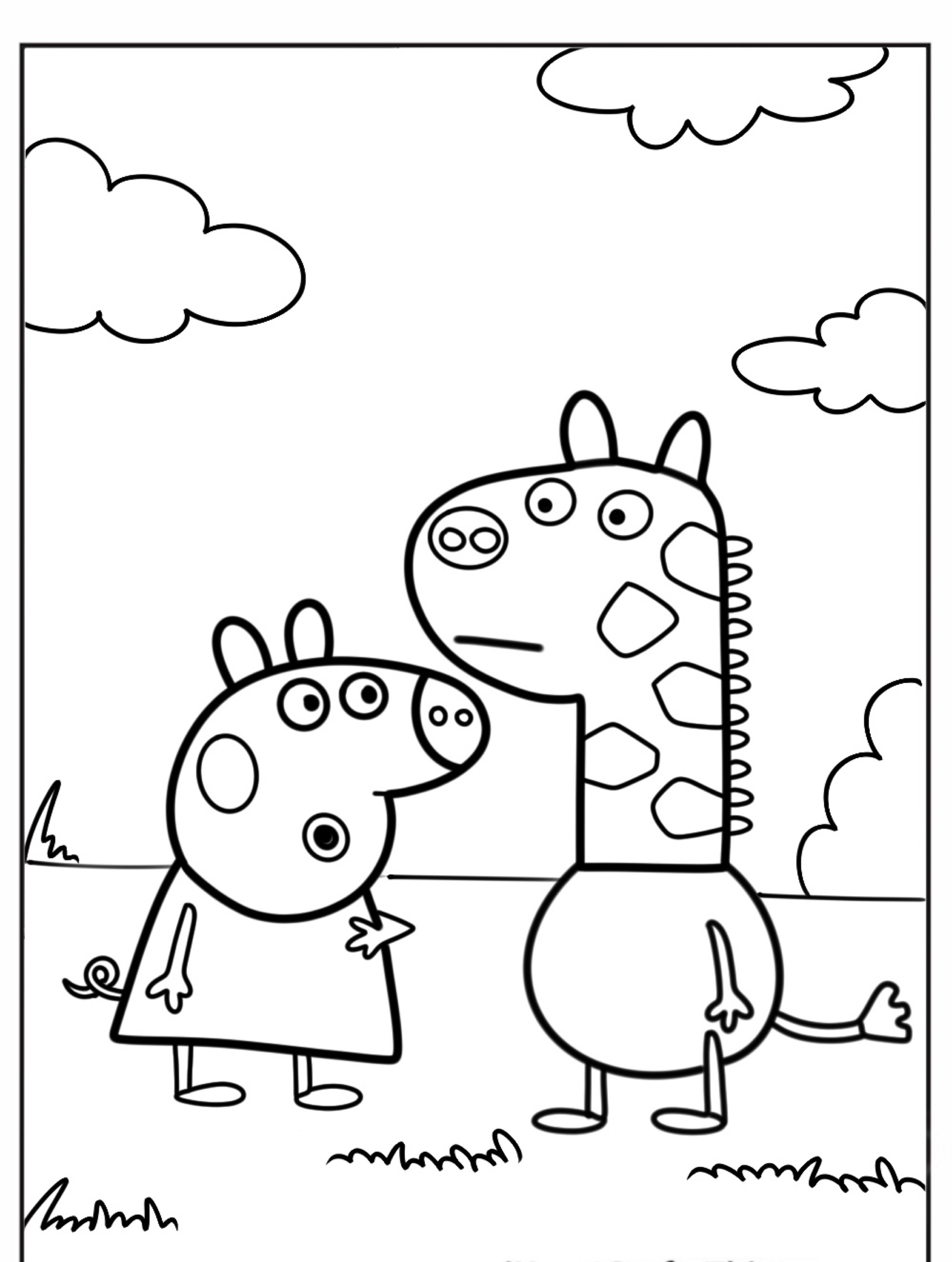 Dois animais de desenho animado, provavelmente Peppa Pig e uma girafa, estão juntos sob um céu nublado em um campo gramado. Uma cena perfeita para colorir seus desenhos favoritos!