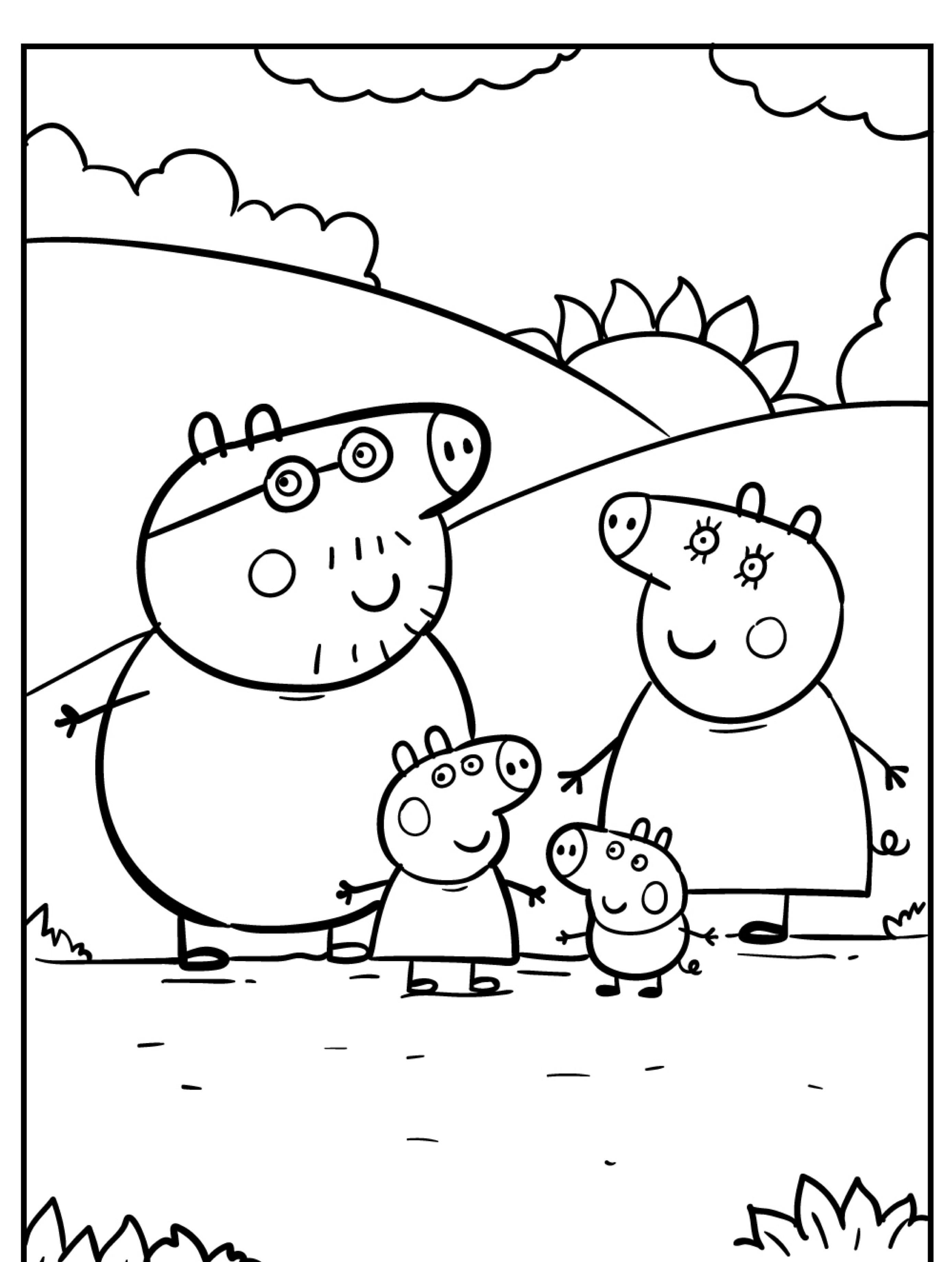 Uma família de porcos de desenho animado, incluindo dois pais e dois filhos, está do lado de fora em um dia ensolarado com colinas e nuvens ao fundo, lembrando Peppa Pig. Perfeito para fãs que procuram Peppa Pig para colorir.