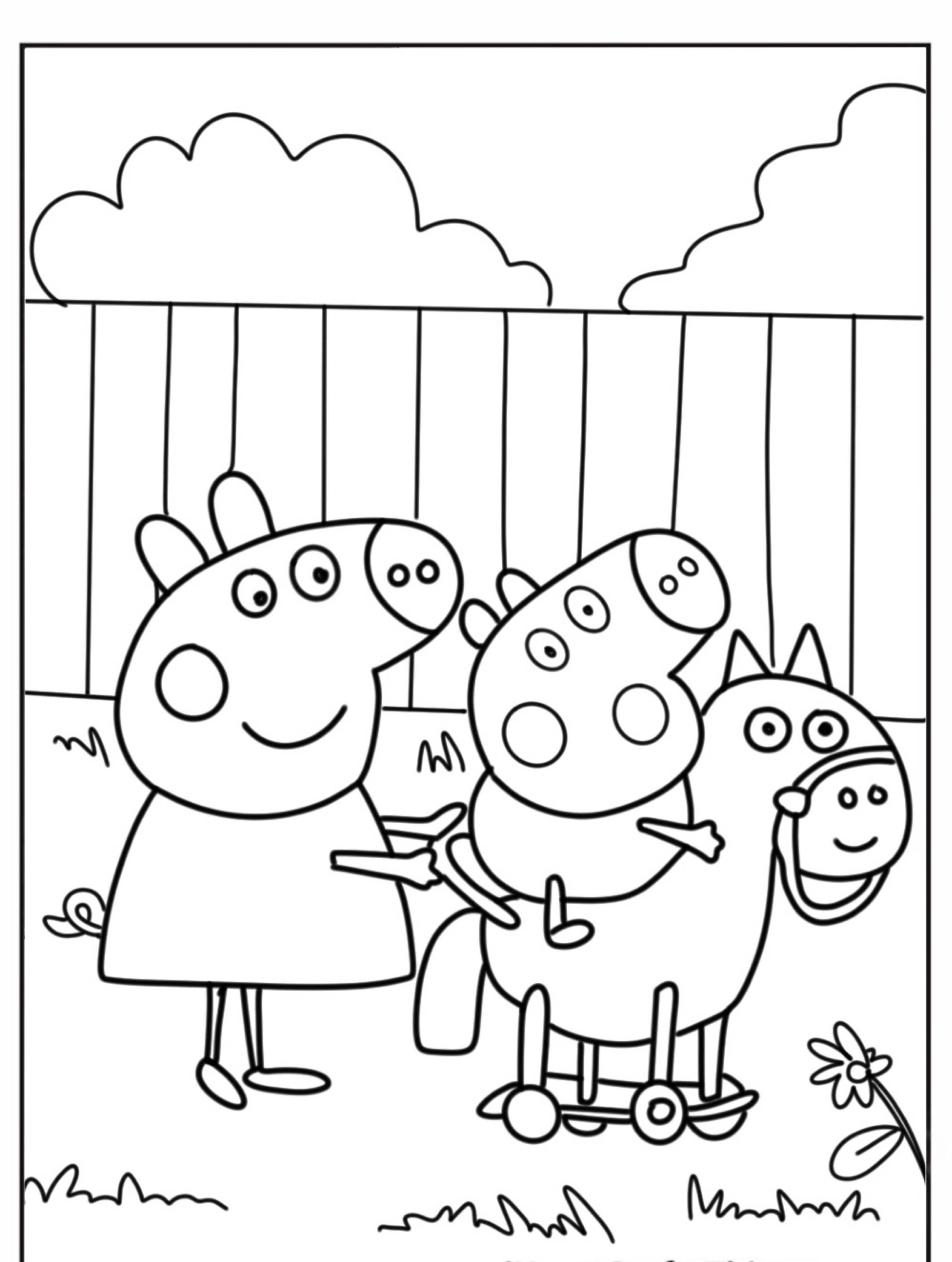 Peppa Pig e George brincam lá fora; George monta em um cavalo de brinquedo enquanto Peppa fica ao lado dele. Uma cerca e arbustos estão atrás deles, criando um cenário perfeito para desenho para colorir.