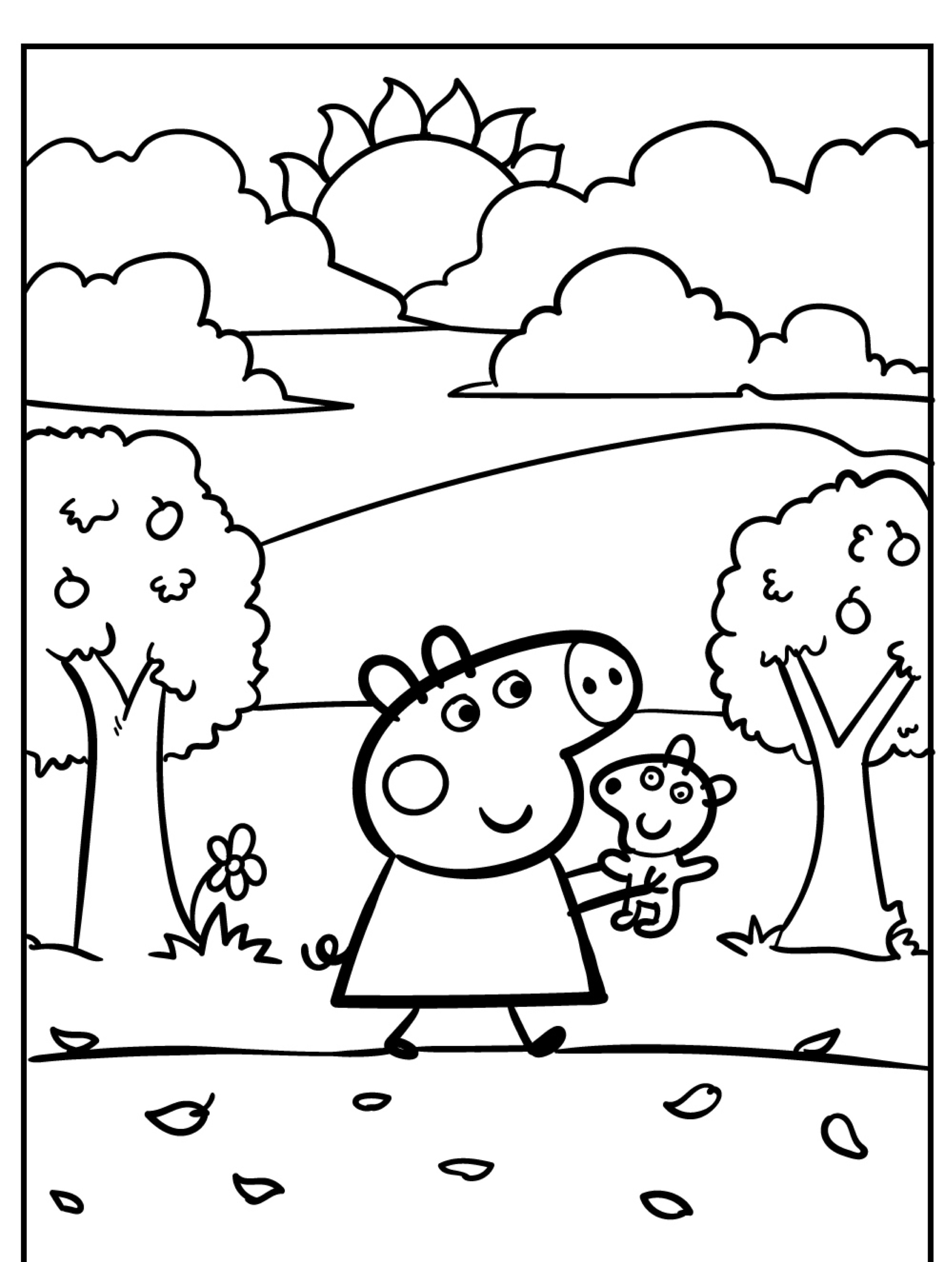 Peppa Pig segurando um ursinho de pelúcia, caminhando em um ambiente externo com árvores, colinas e um sol nascente ao fundo. Ideal para fãs de Peppa Pig para colorir que buscam dar vida ao seu personagem favorito com cores vibrantes.