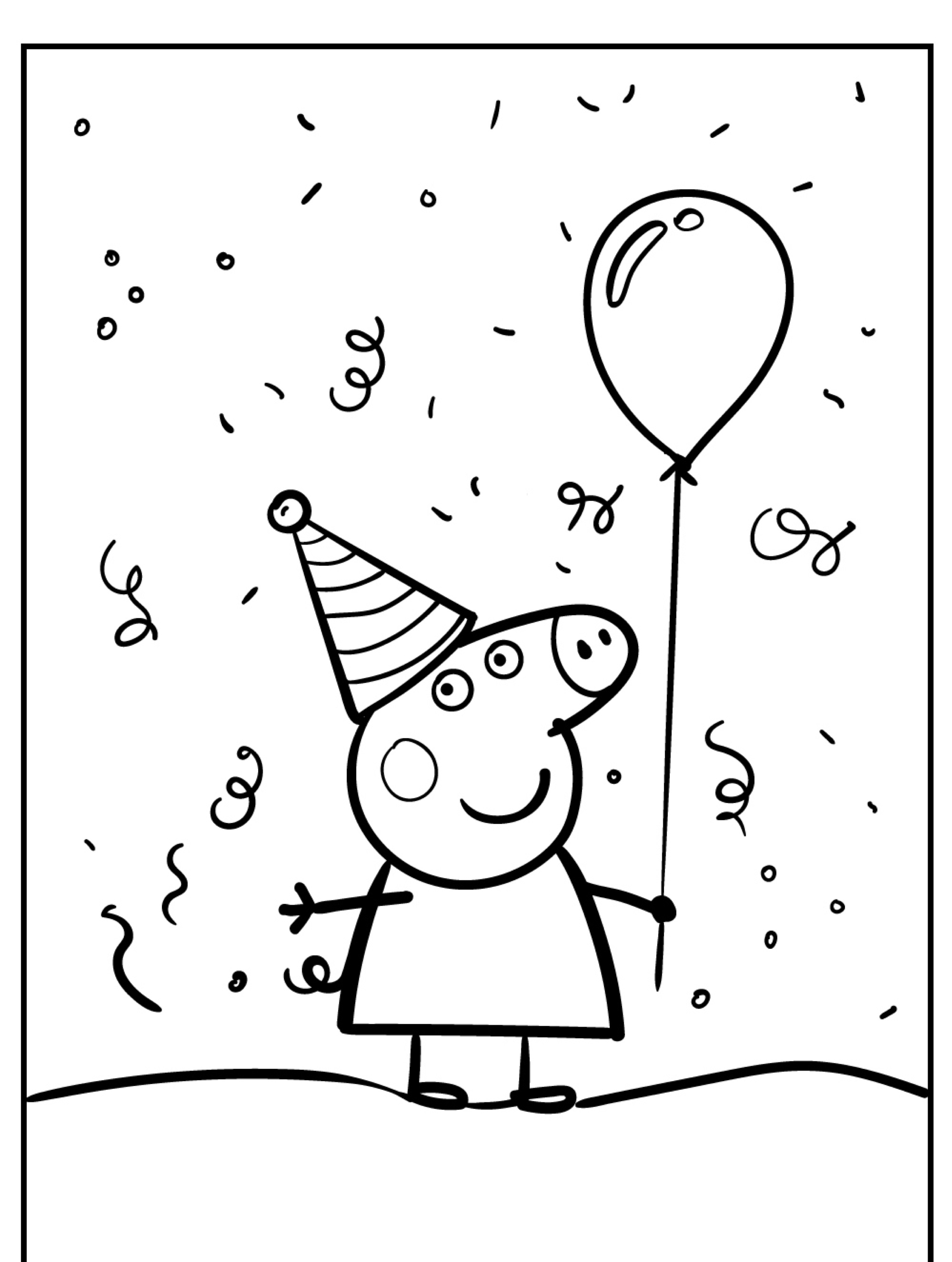 Uma personagem de desenho animado da Peppa Pig com um chapéu de festa segura um balão cercado de confete, pronto para colorir.